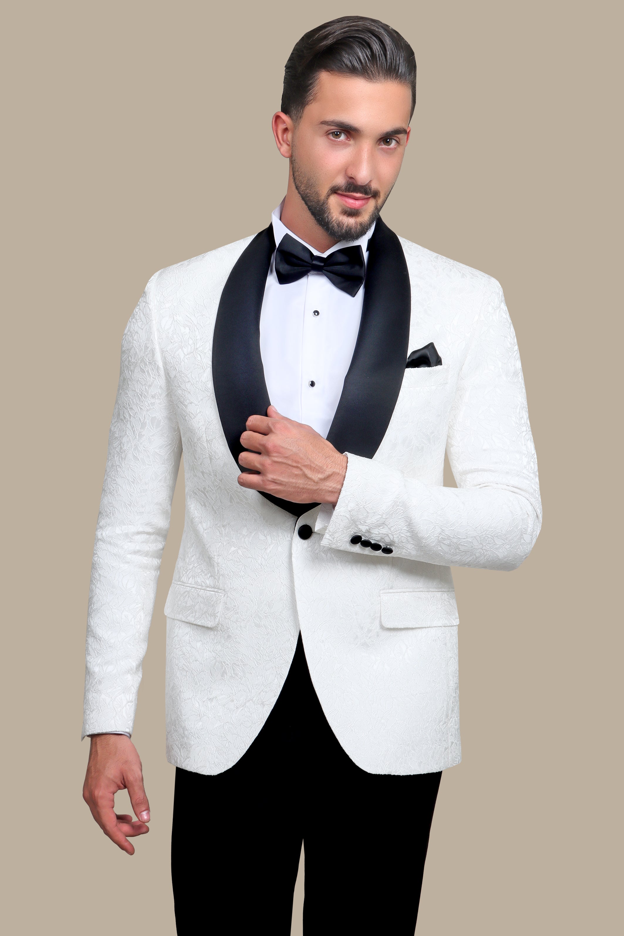 White Leaves Jacquard Shawl Collar Tuxedo