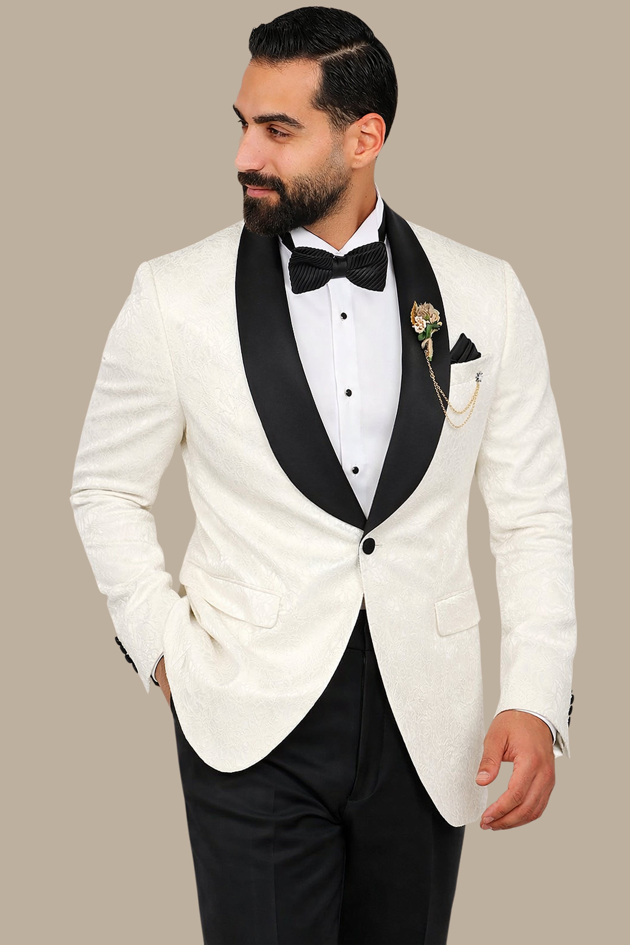 White Leaves Jacquard Shawl Collar Tuxedo