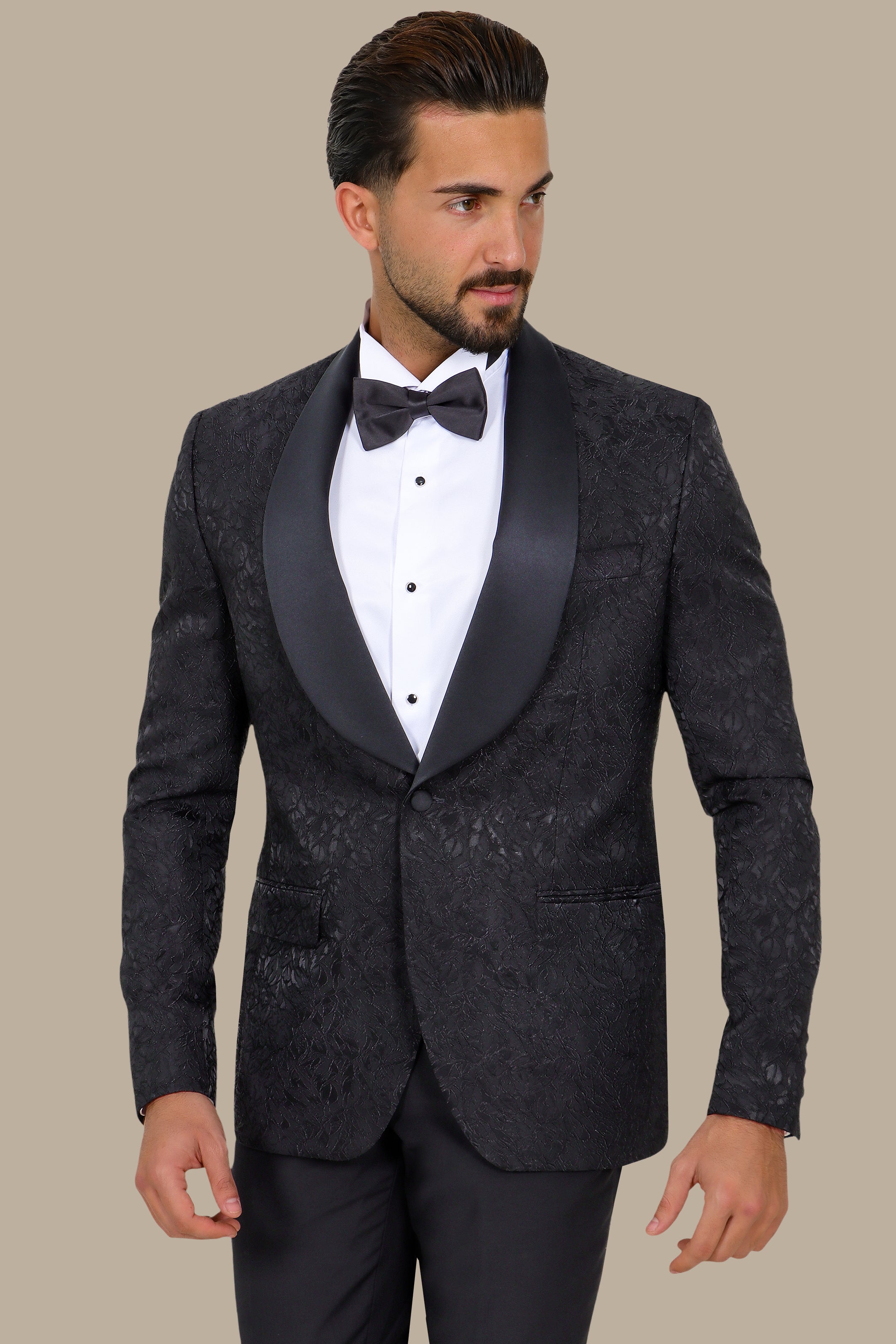 Revolt in Noir: Tuxedo Rebellion - Wide Collar Black Jacquard Leaves
