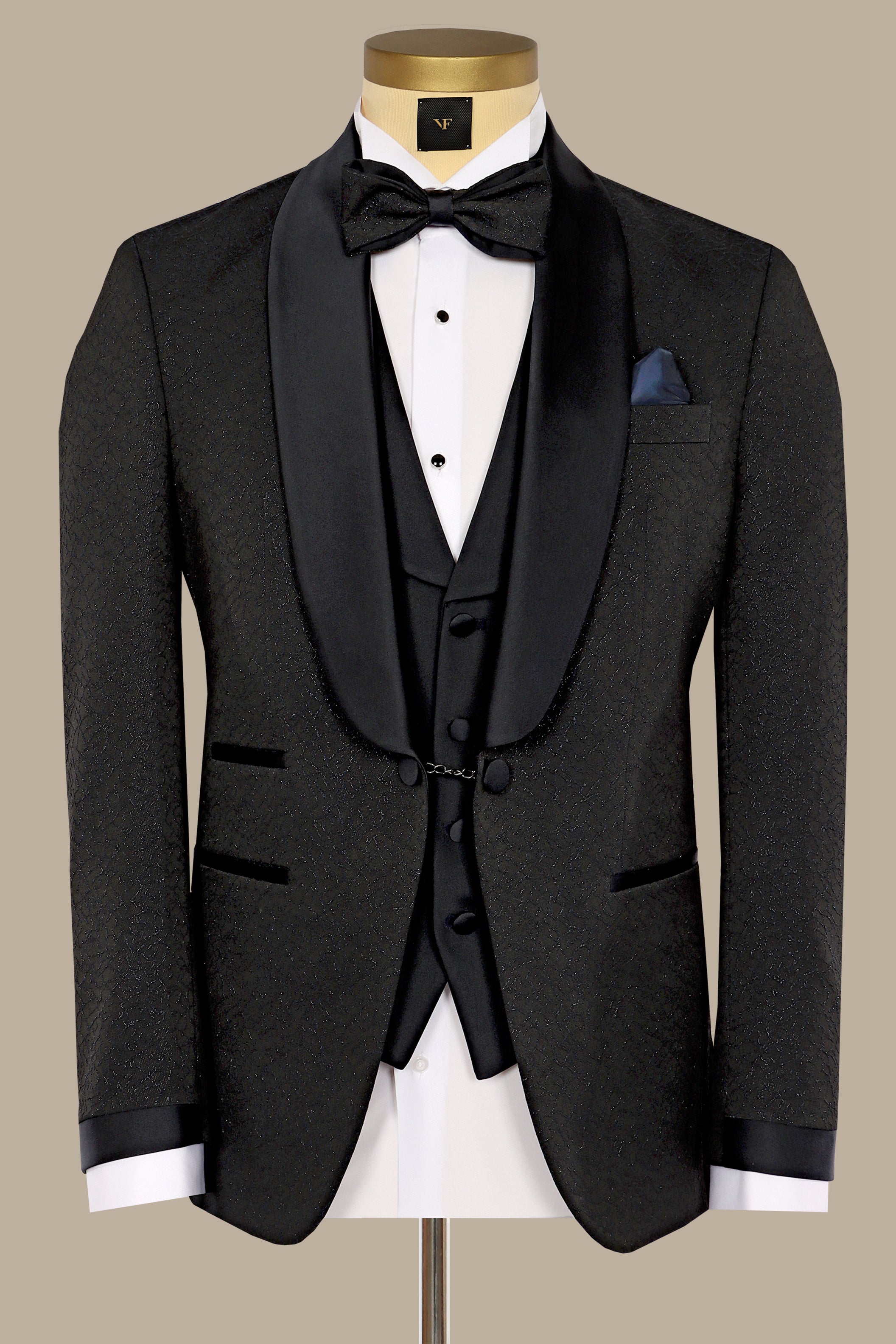 Revolt in Noir: Tuxedo Rebellion - Wide Collar Black Jacquard Leaves