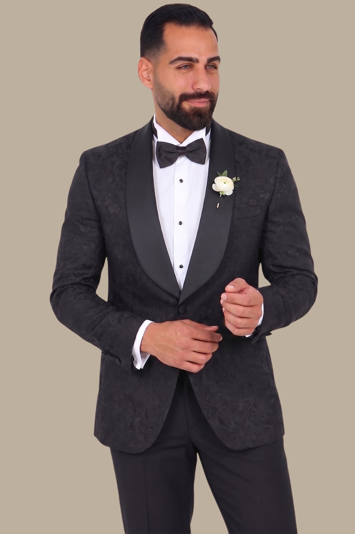 Midnight Paisley Elegance: Tuxedo FV with Wide Shawl Collar in Rich Black