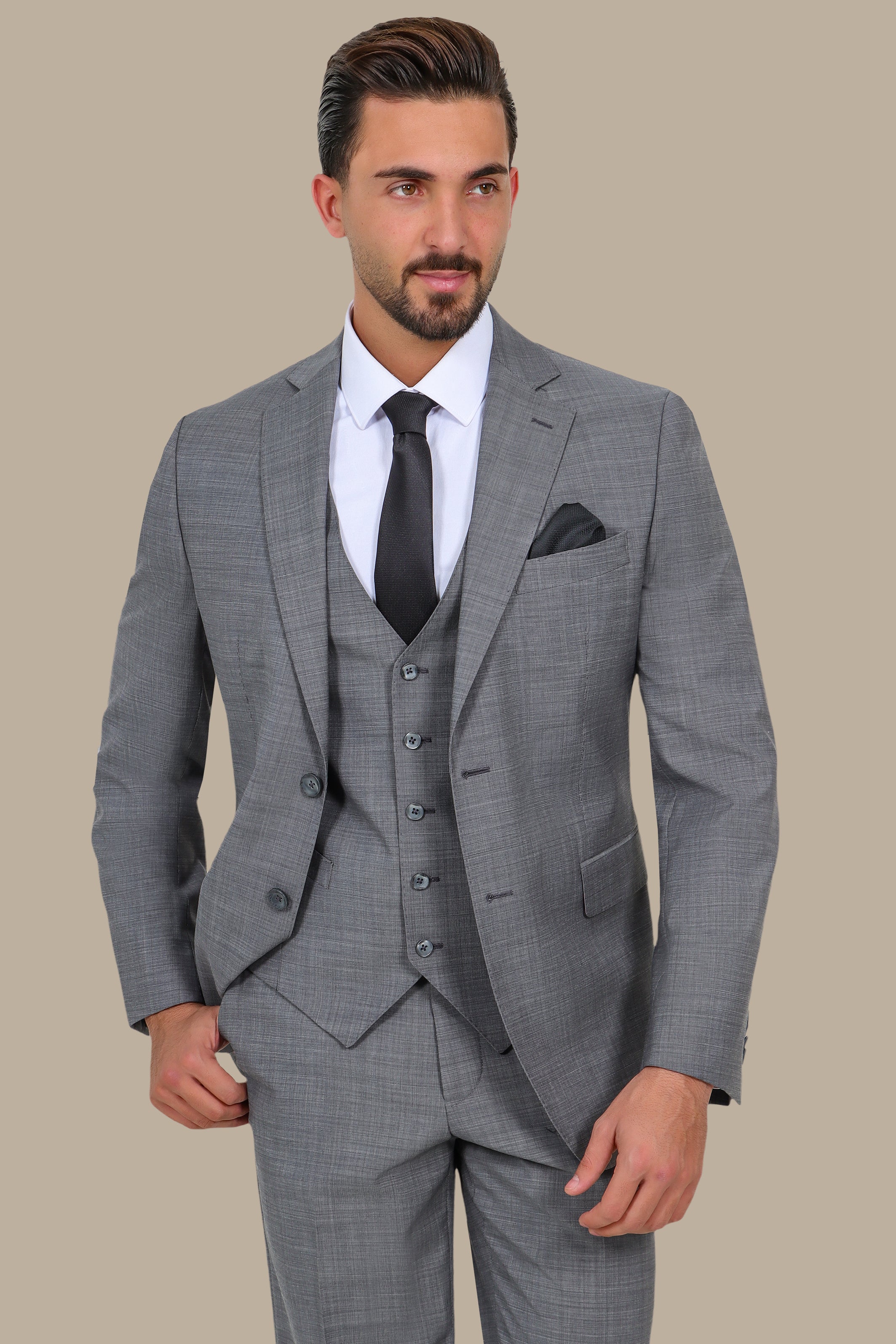 Timeless Charisma: Grey Wool Notch Filafil 3-Piece Suit