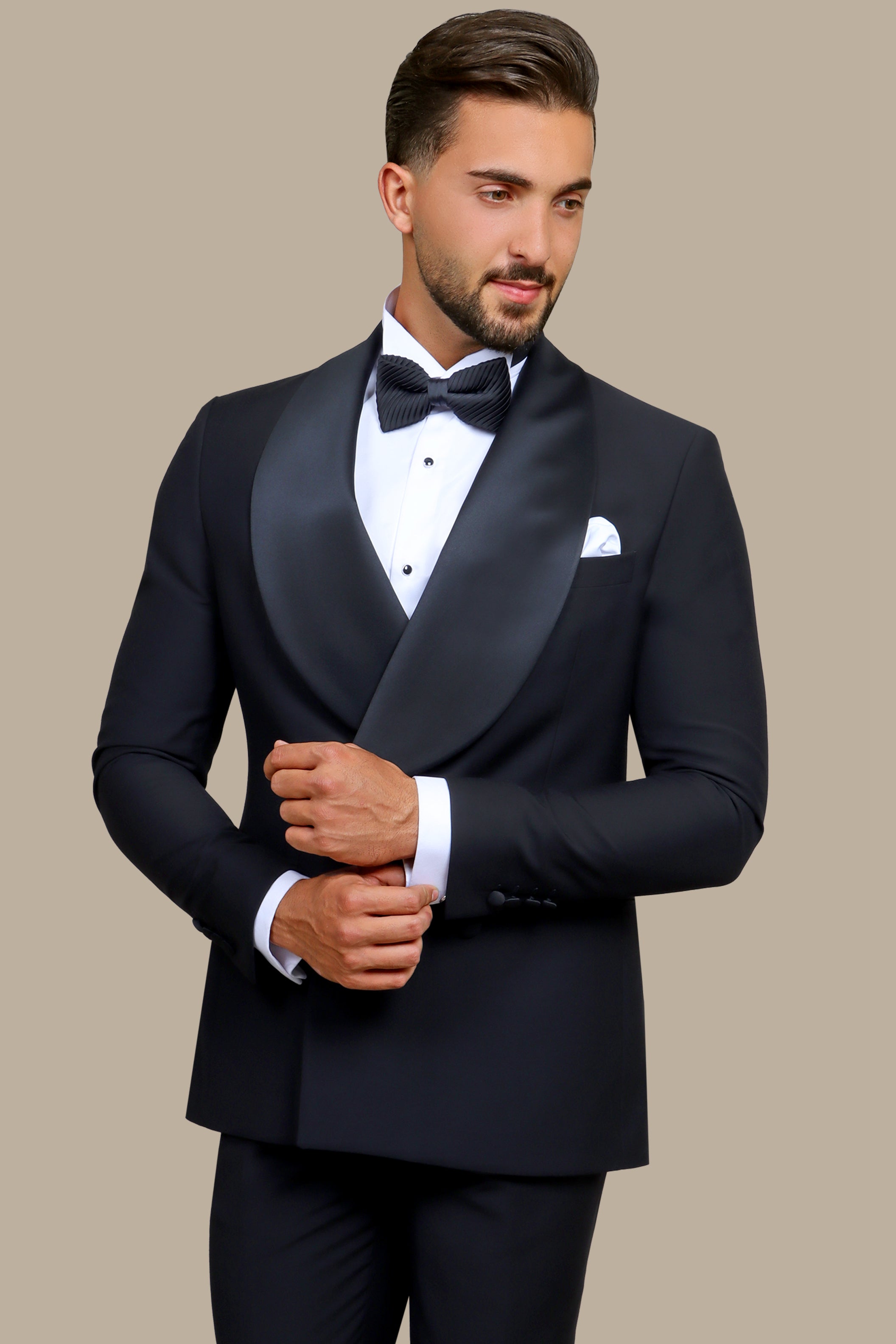 Midnight Classic: Black Tuxedo with Wide Shawl Collar