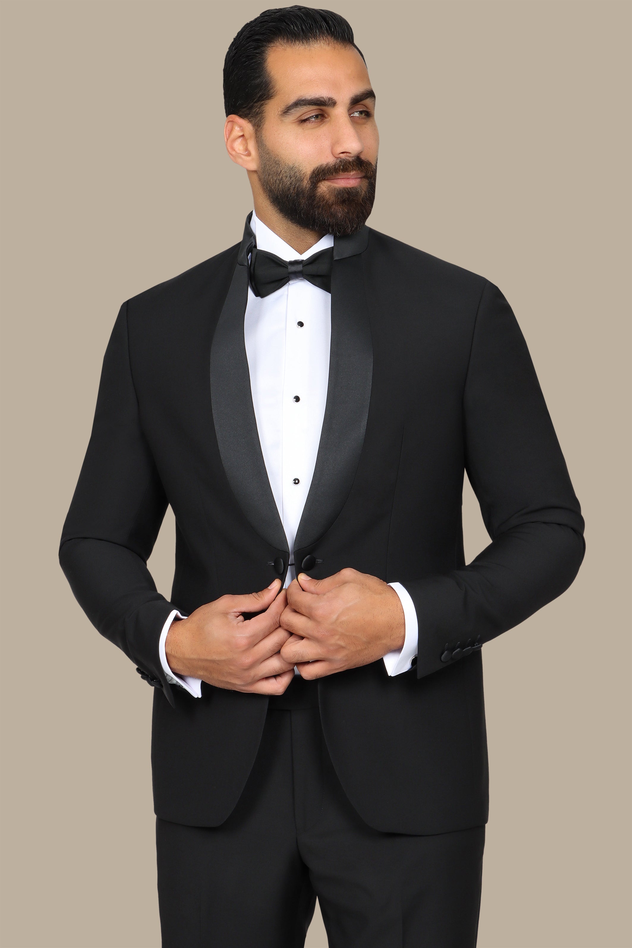 Black Mandarin Collar Tuxedo with Satin Piping