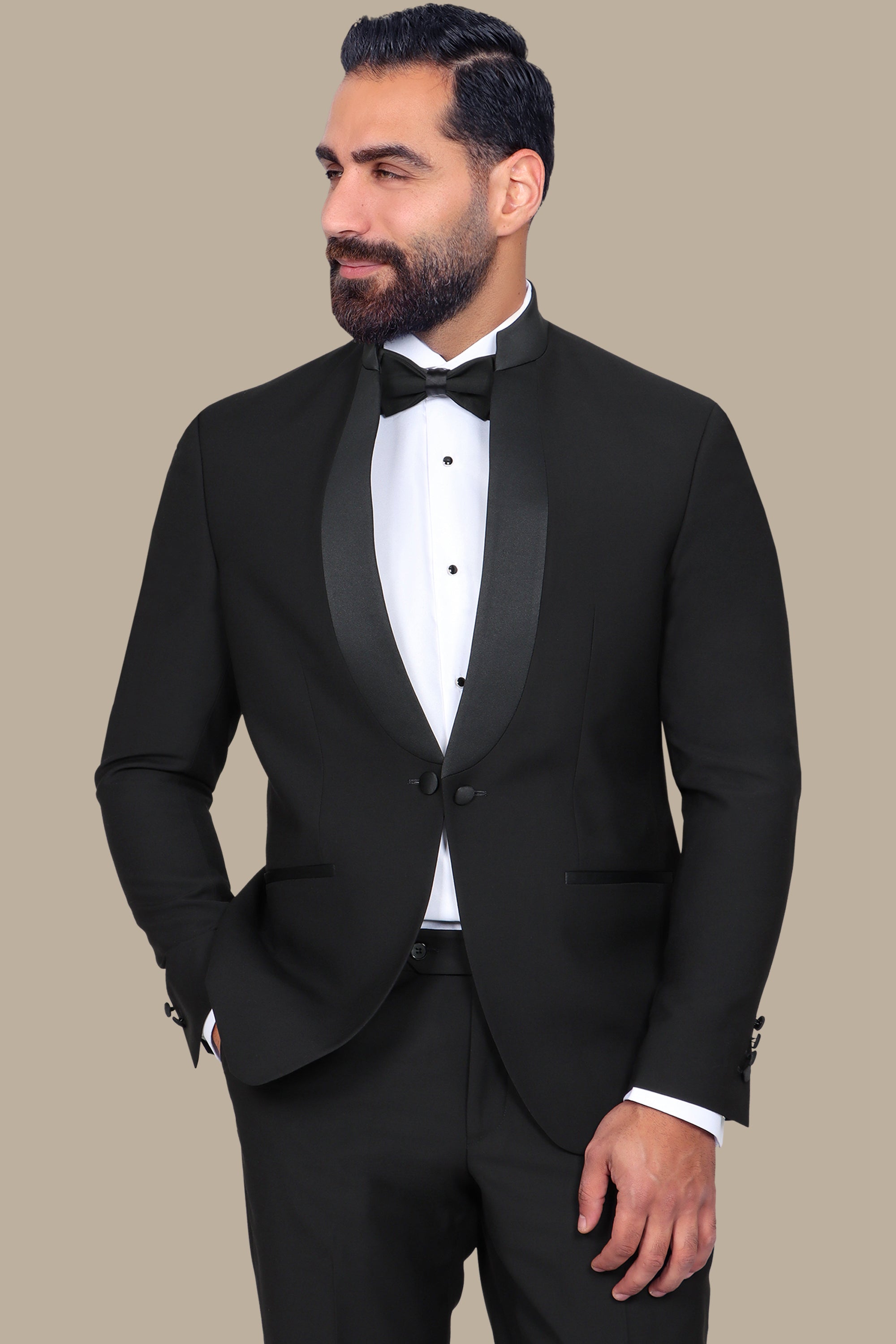 Black Mandarin Collar Tuxedo with Satin Piping