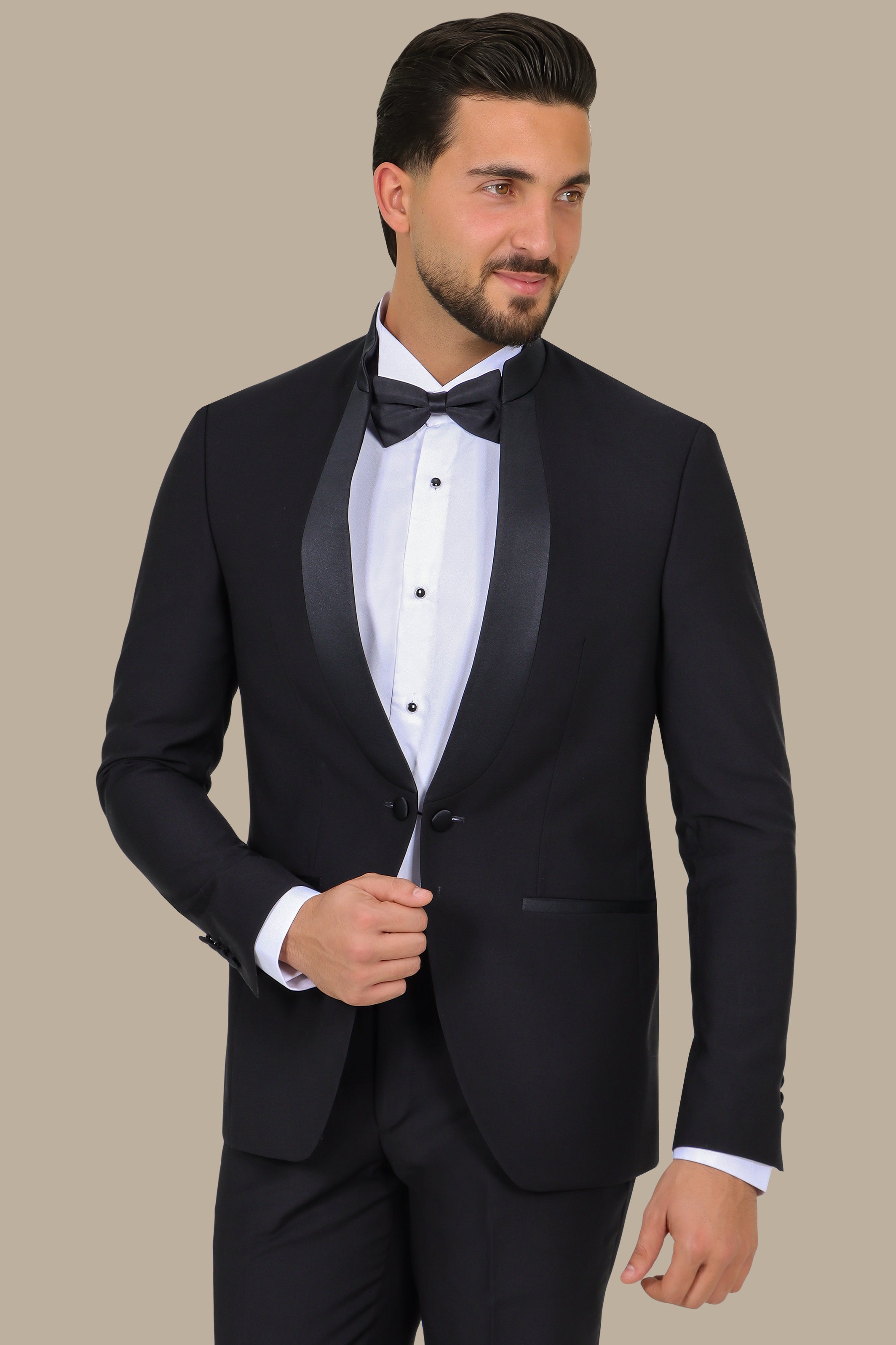 Black Mandarin Collar Tuxedo with Satin Piping