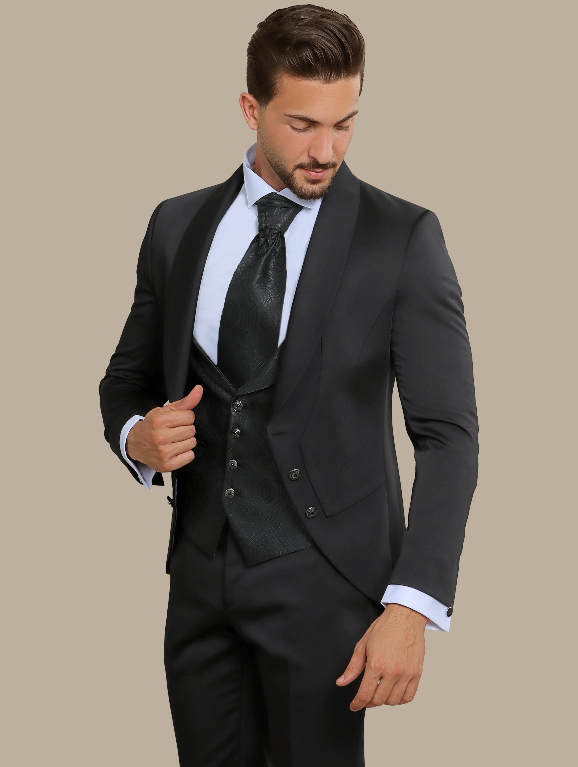 Black 4-Piece Tuxedo with Chale Collar and 6 Buttons