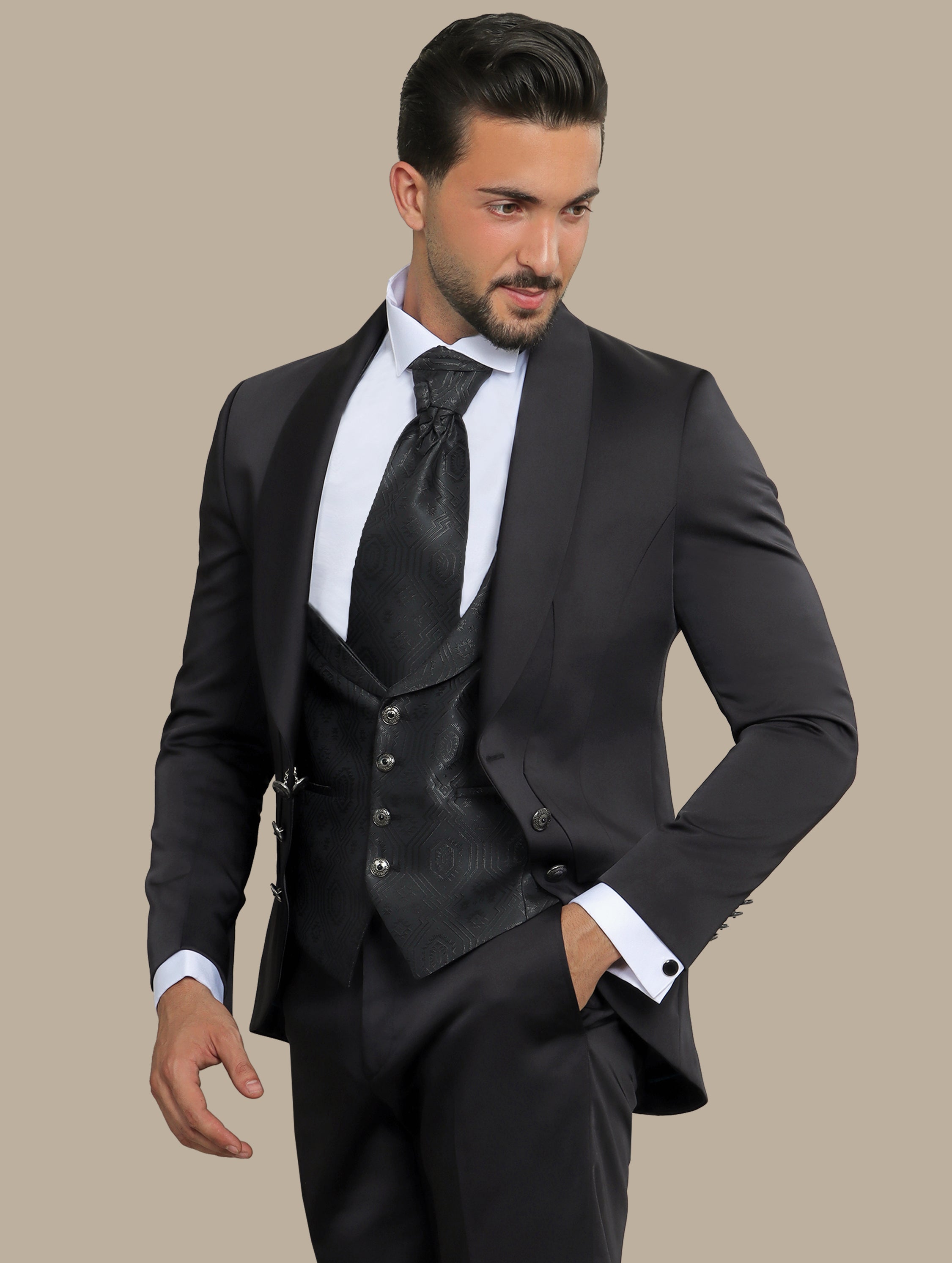 Black 4-Piece Tuxedo with Chale Collar and 6 Buttons