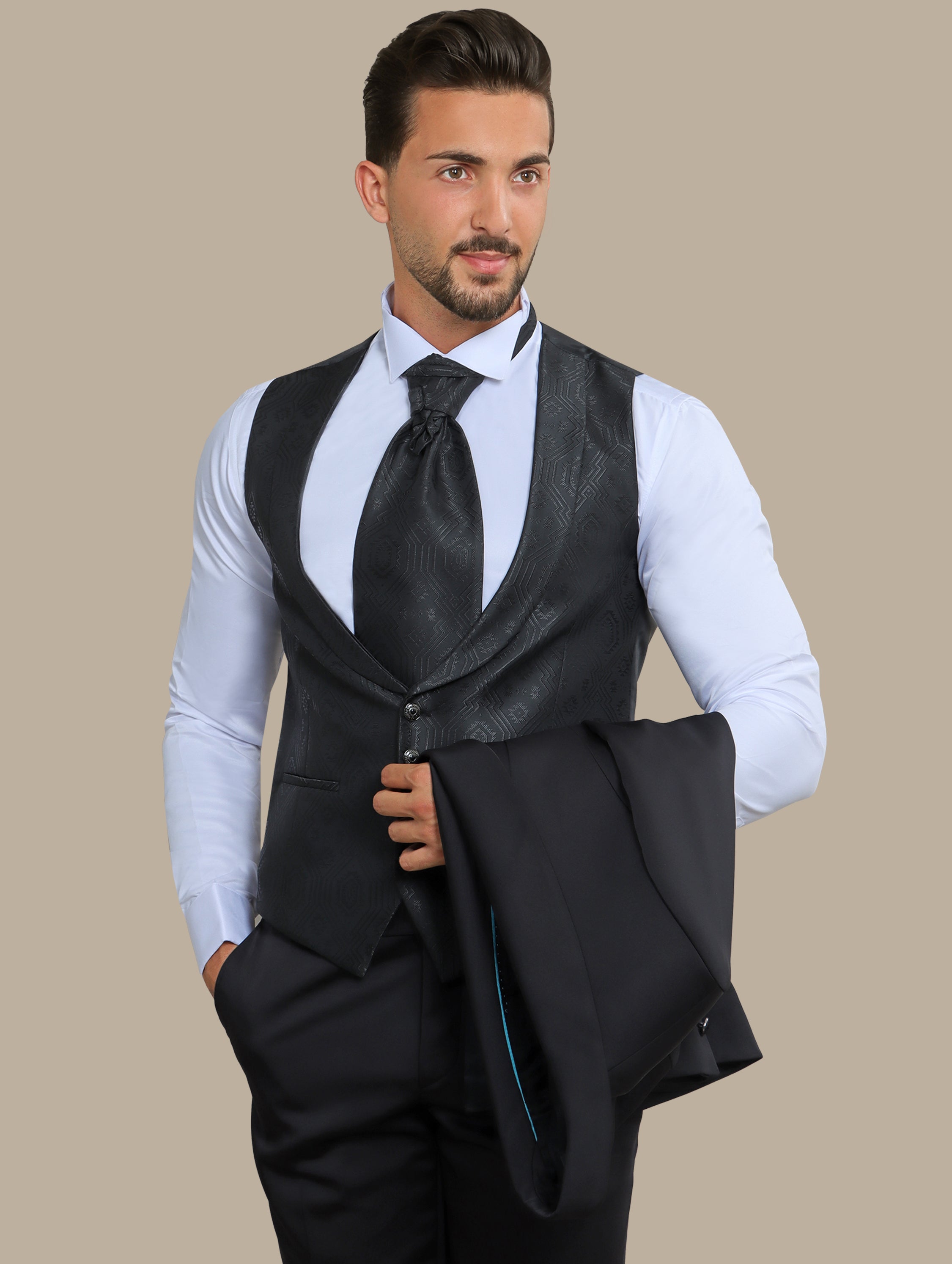 Black 4-Piece Tuxedo with Chale Collar and 6 Buttons