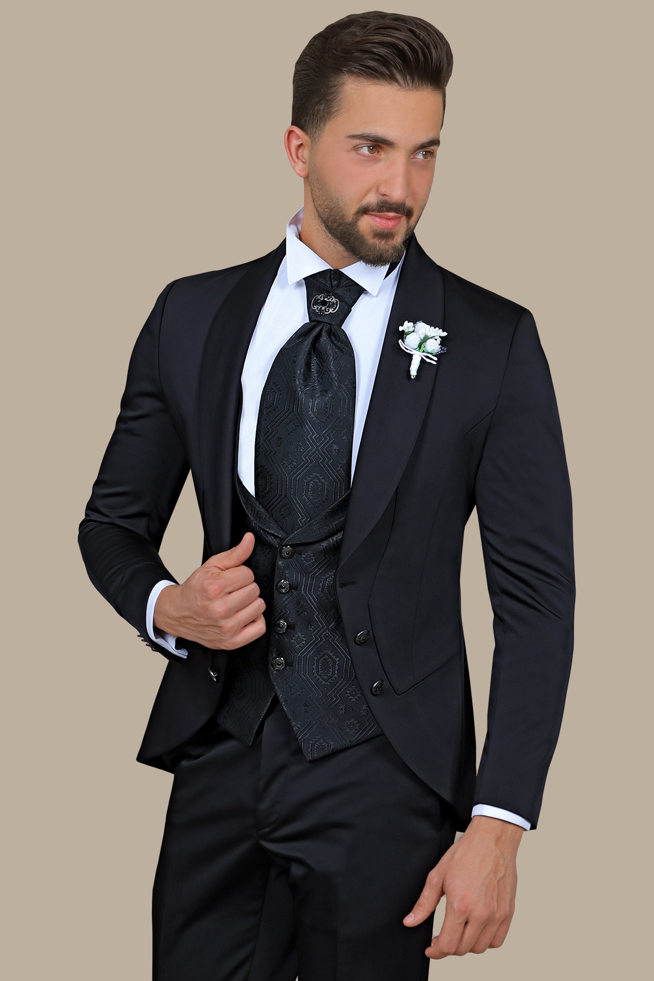 Black 4-Piece Tuxedo with Chale Collar and 6 Buttons