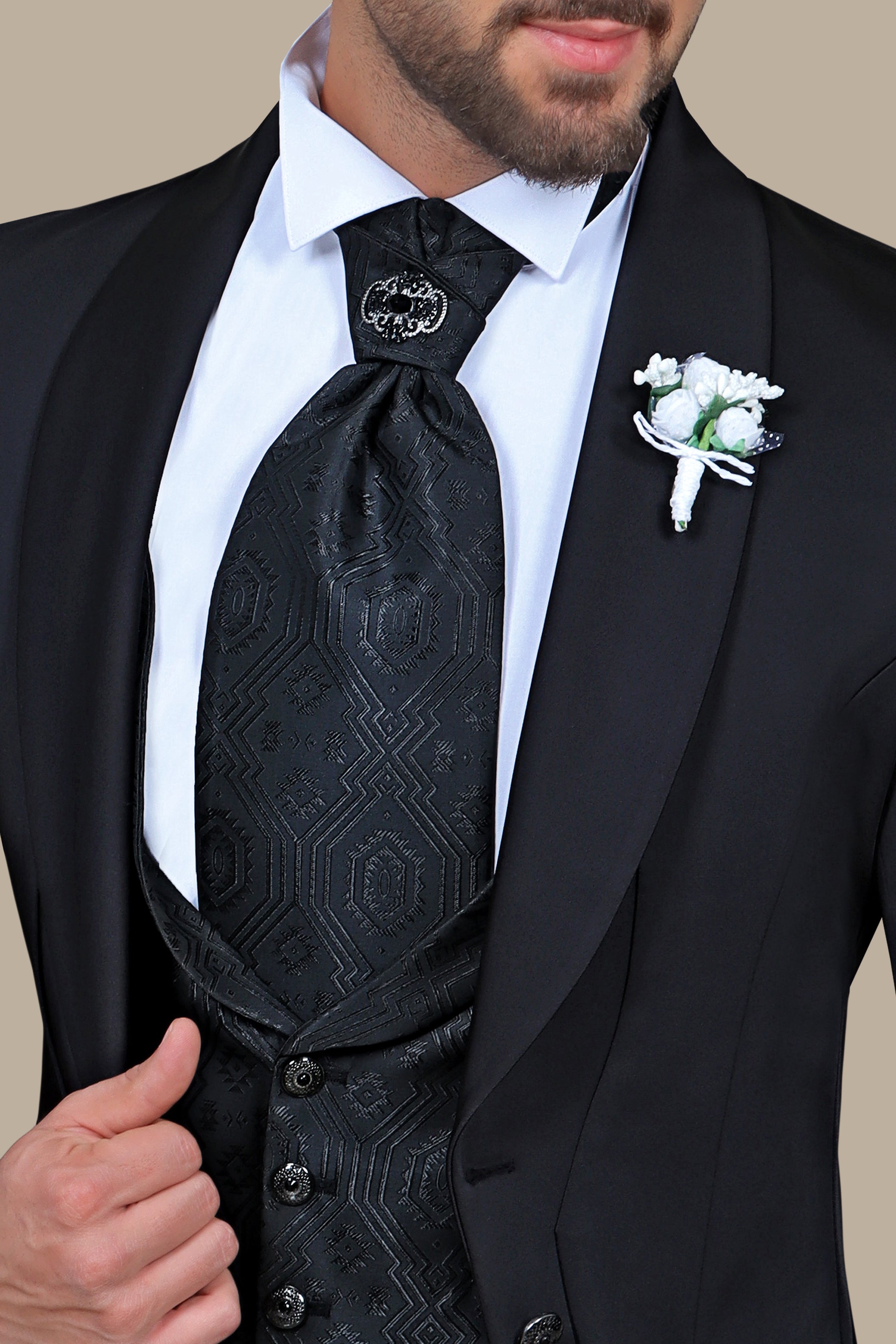 Black 4-Piece Tuxedo with Chale Collar and 6 Buttons