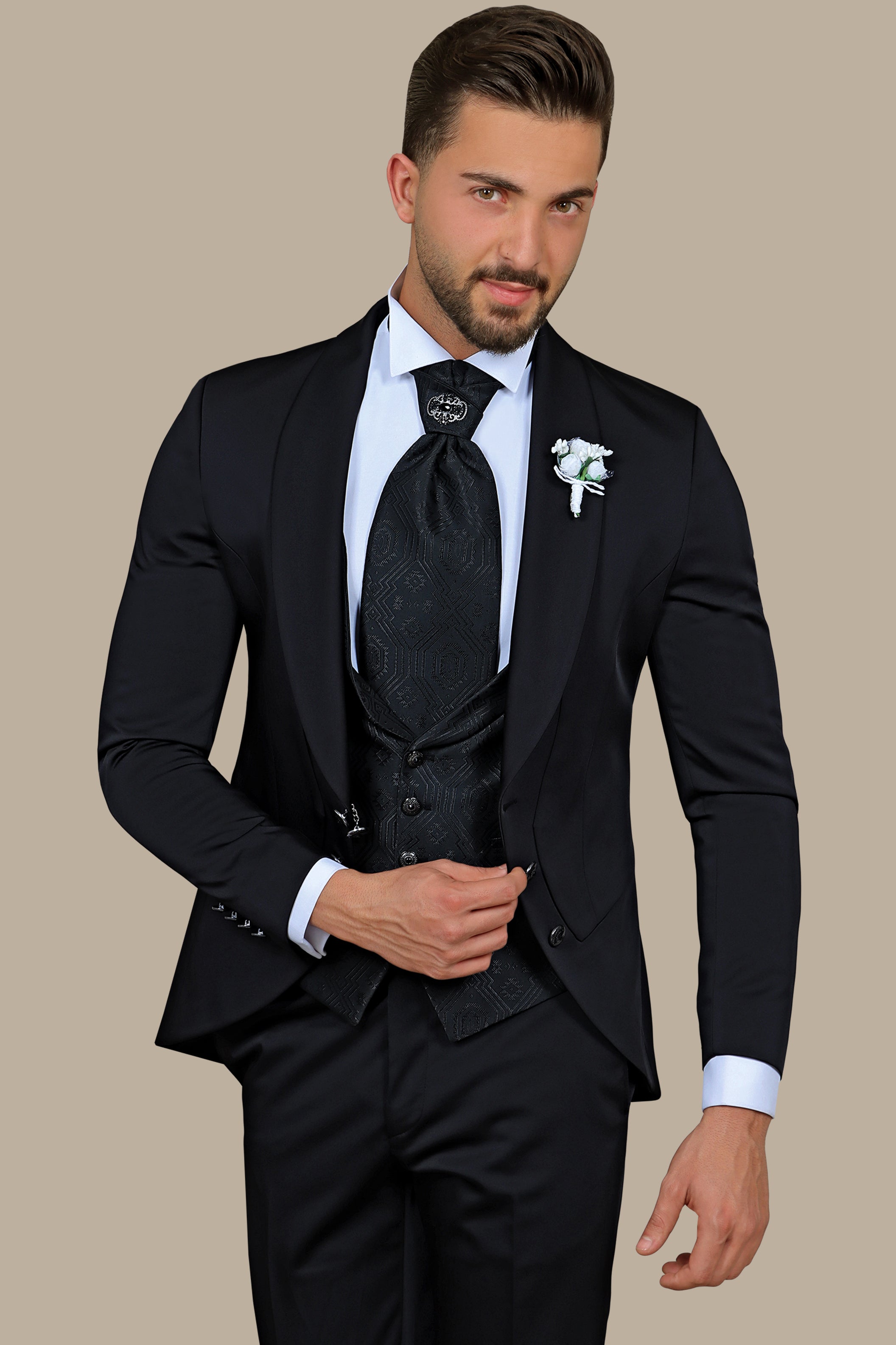 Black 4-Piece Tuxedo with Chale Collar and 6 Buttons