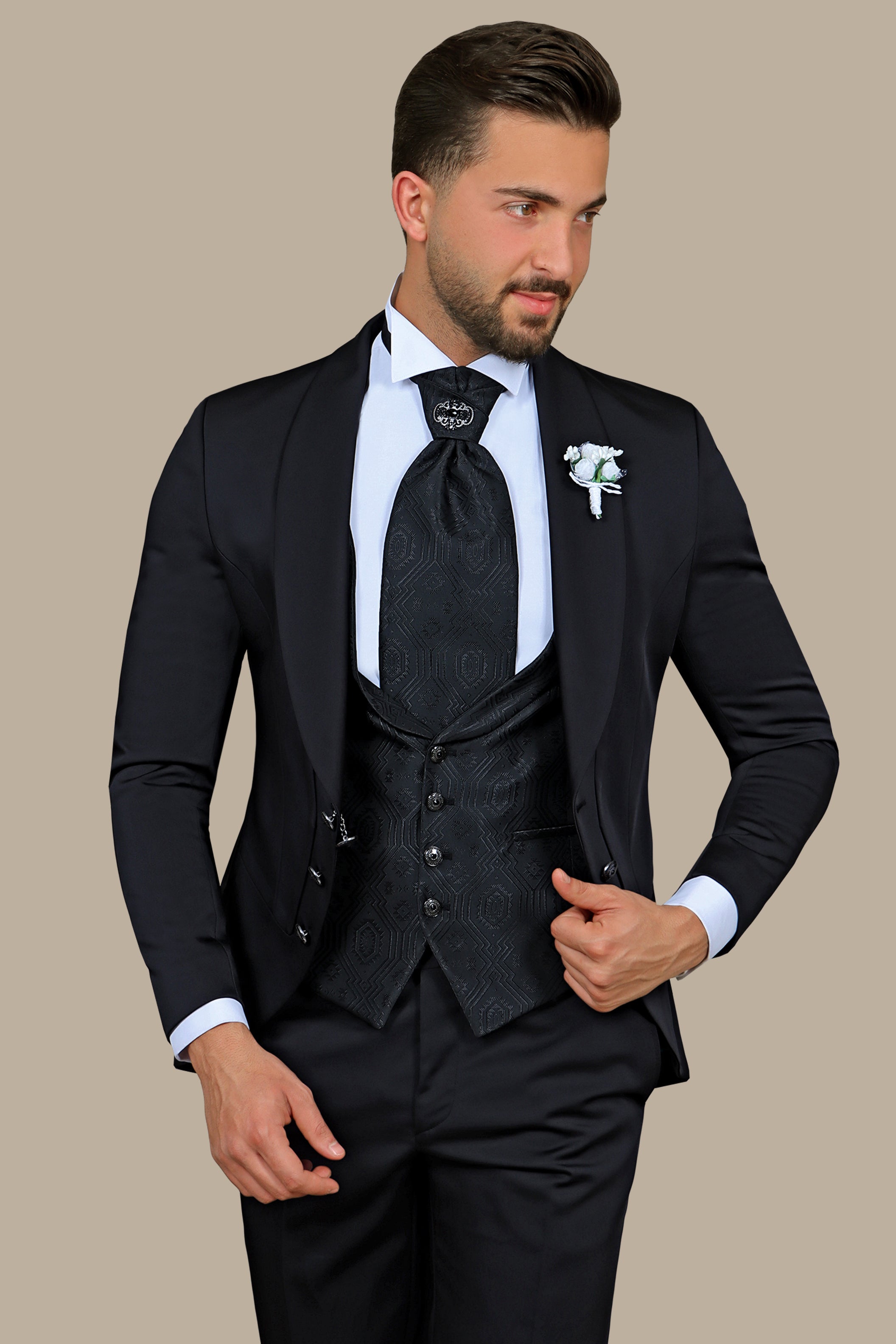 Black 4-Piece Tuxedo with Chale Collar and 6 Buttons