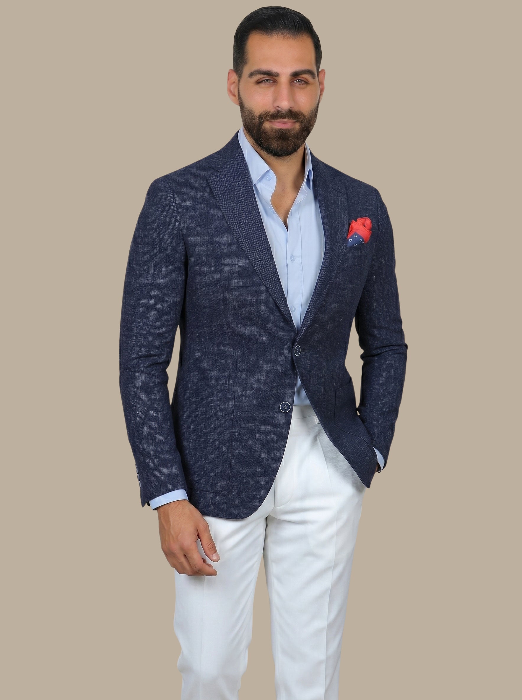 Navy Small Checks Suit with White Pants