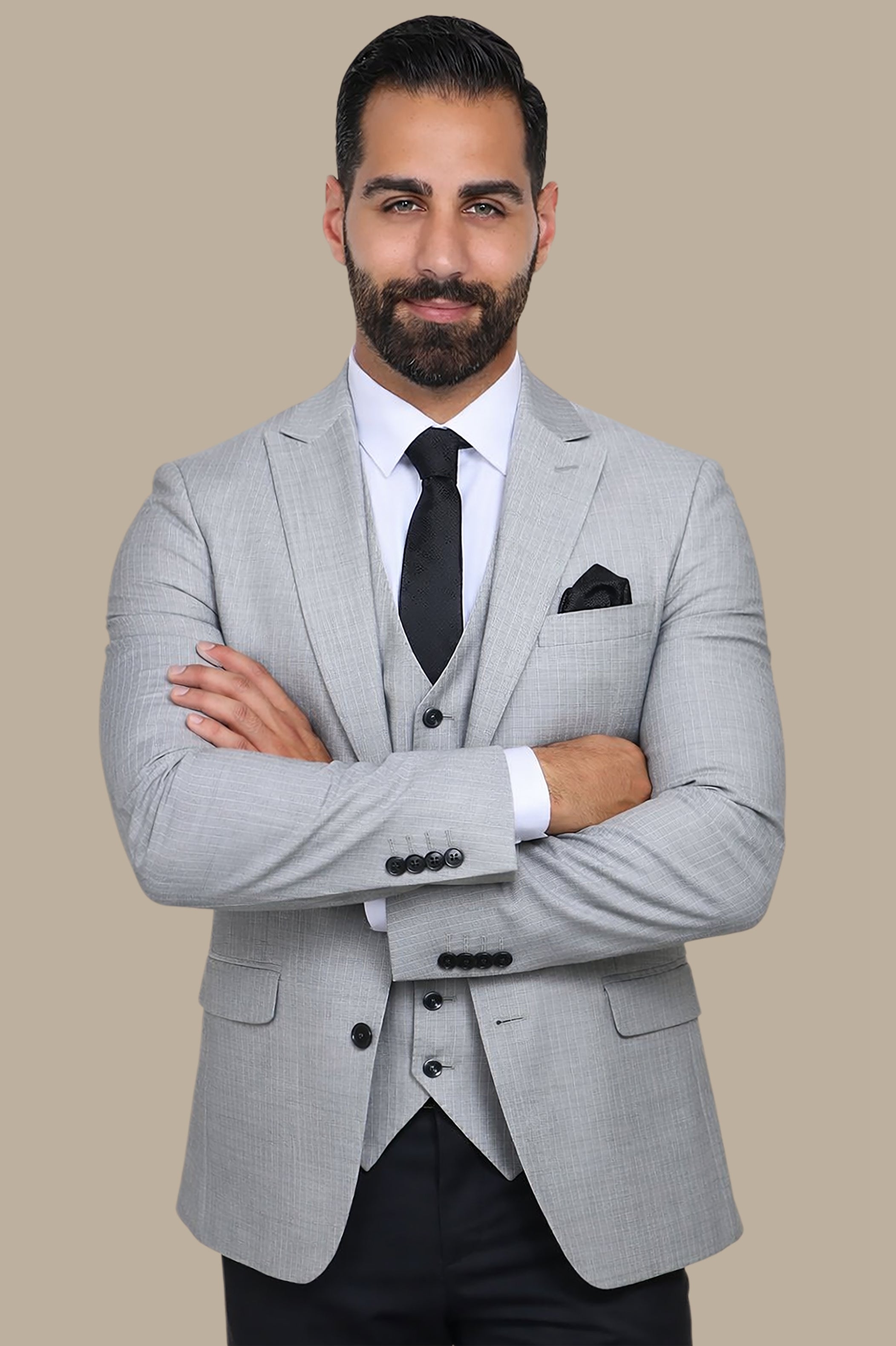 Light Grey Slim Fit 3-Piece Striped Wool Suit