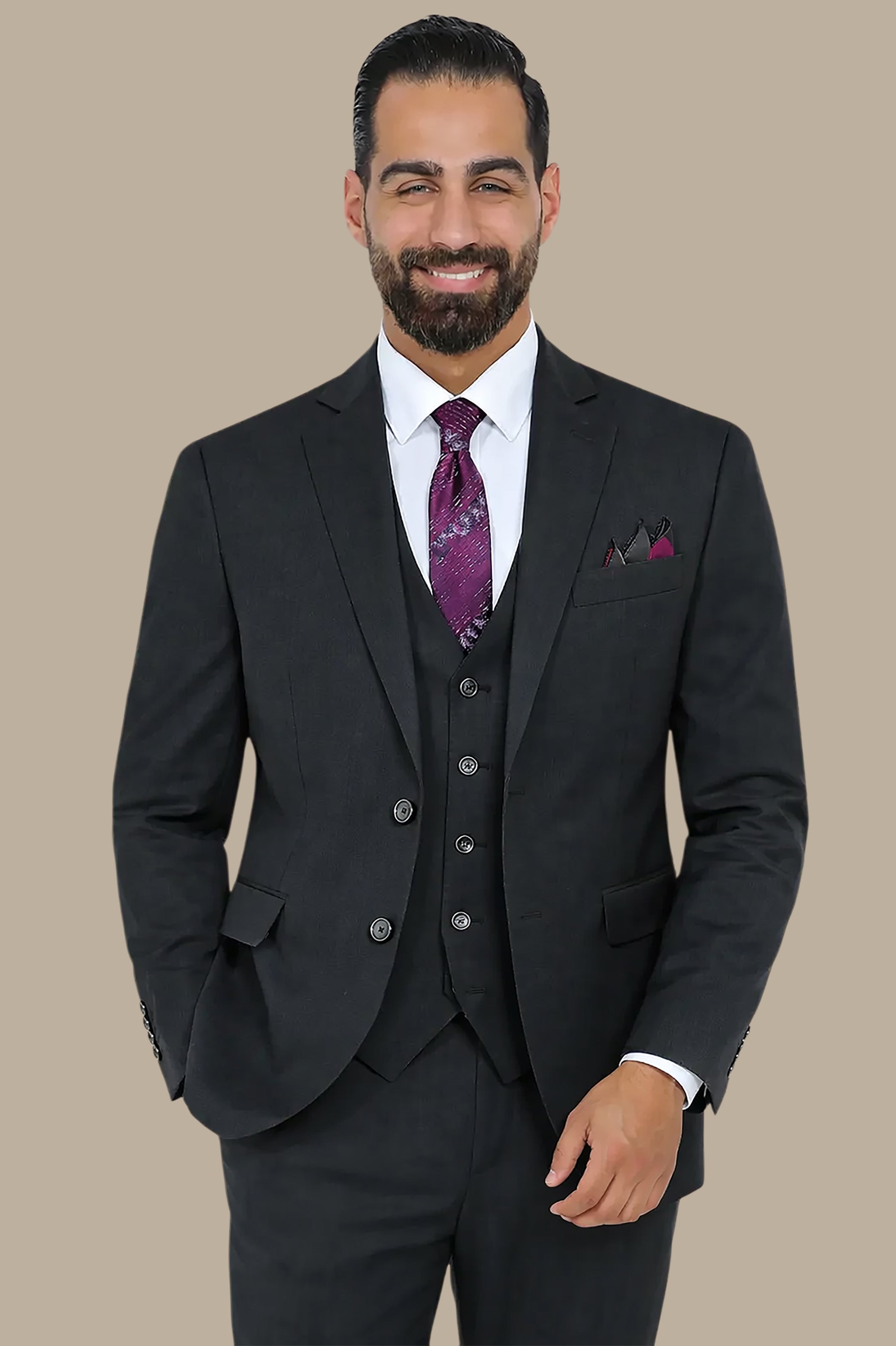 Dark Gray Wool Regular Fit 3-Piece Suit