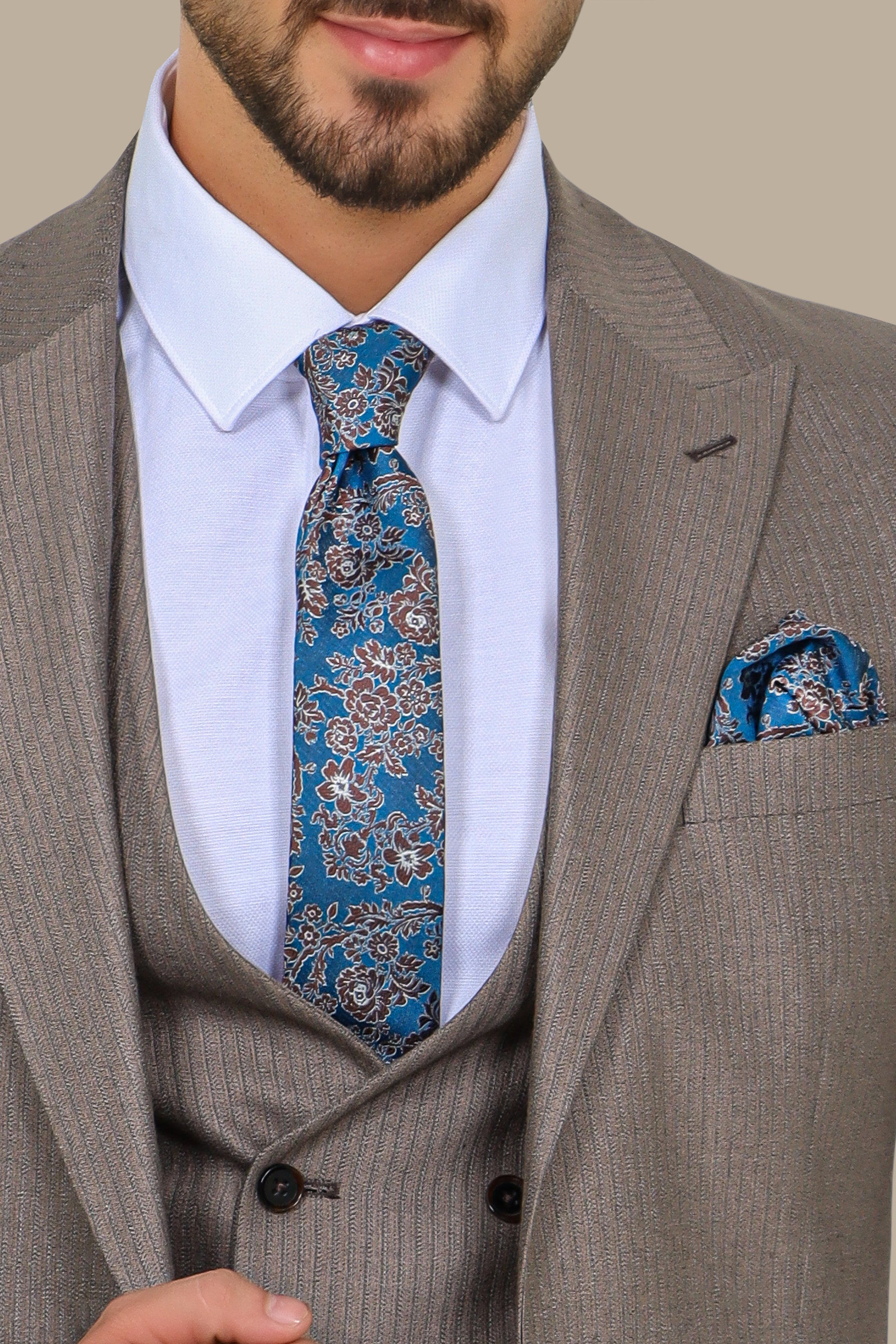 Light Brown Herringbone Slim Fit 3-Piece Suit