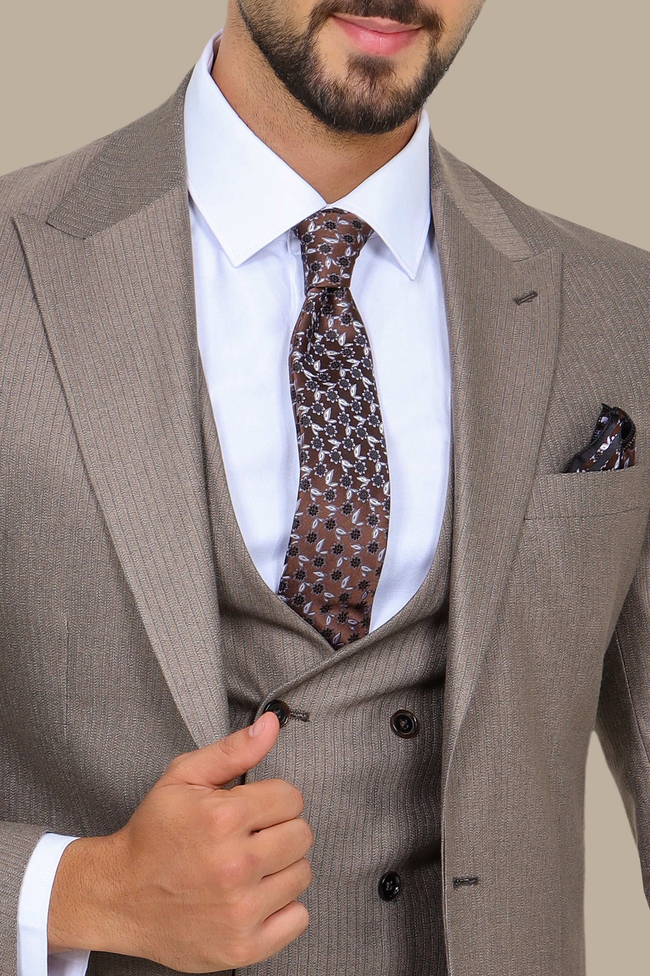 Light Brown Herringbone Slim Fit 3-Piece Suit