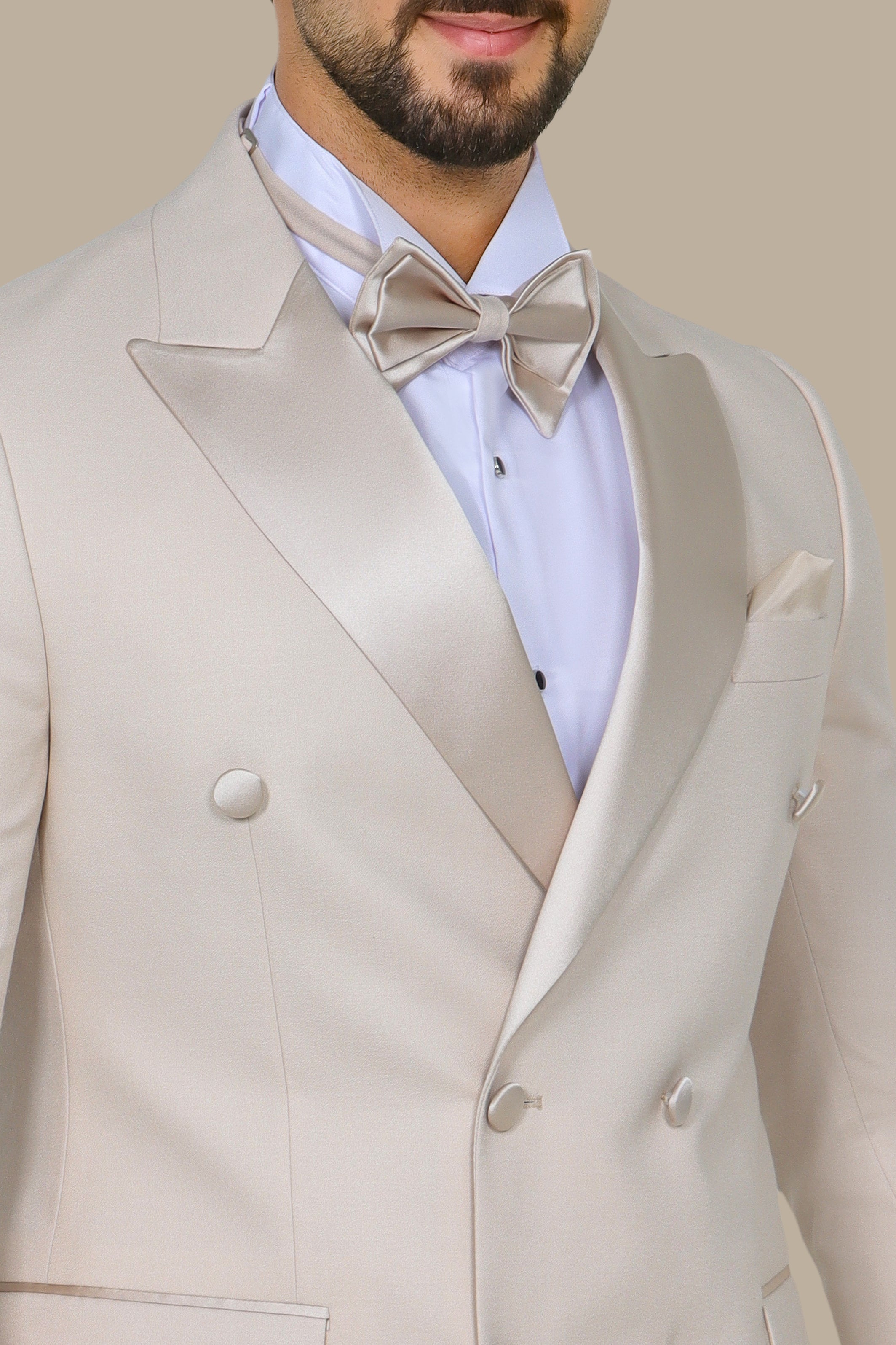 Beige Double Breasted Peak Lapel Tuxedo