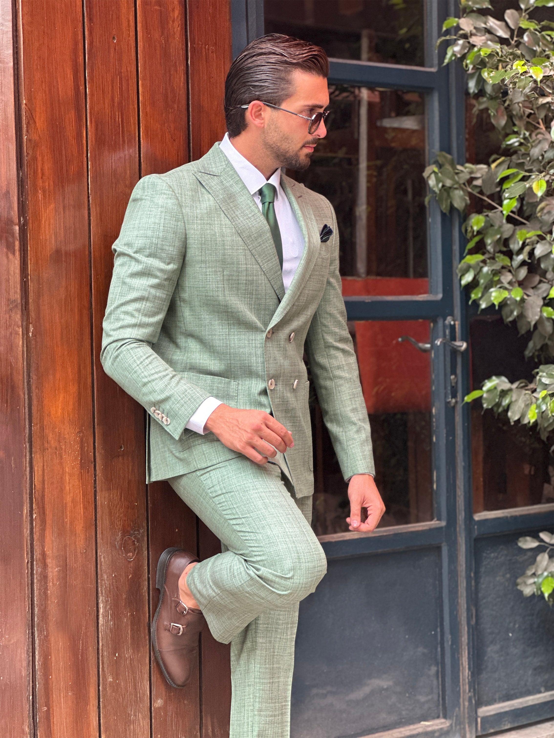 Green Filafil Classic: Double-Breasted Suit with Patch Pockets