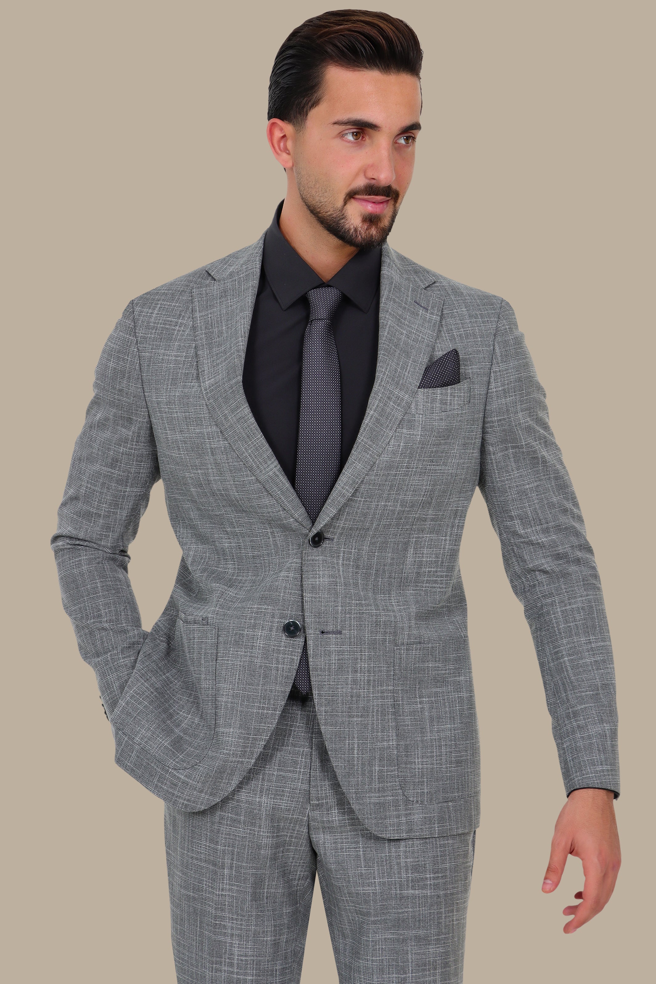 Grey Slim Fit Suit with Down Notch Patch Pockets
