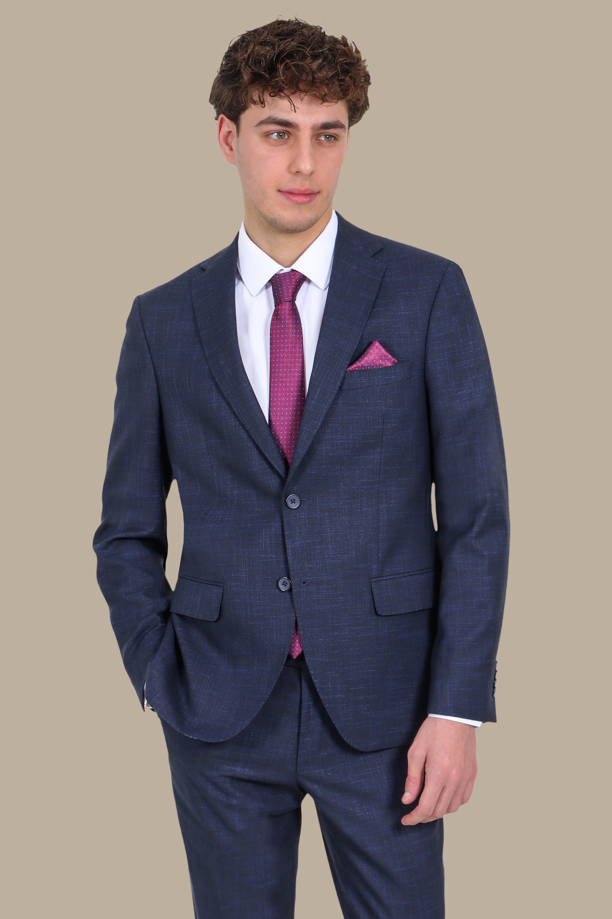 Fil A Fil Suit Notch Lapel 2 Pieces Dark Navy