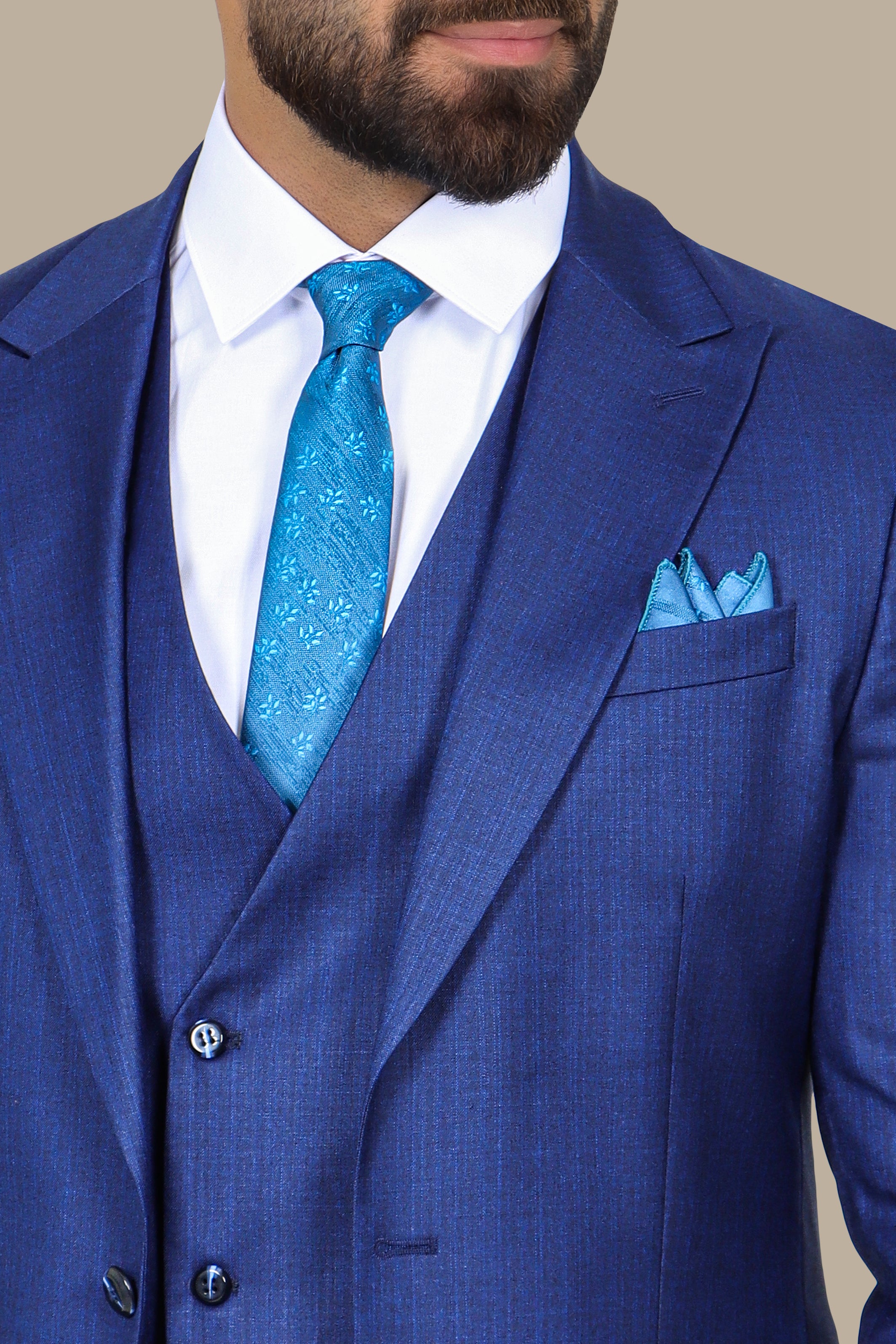 Classic Elegance: 3-Piece Blue Fila Fil Suit with Peak Lapel