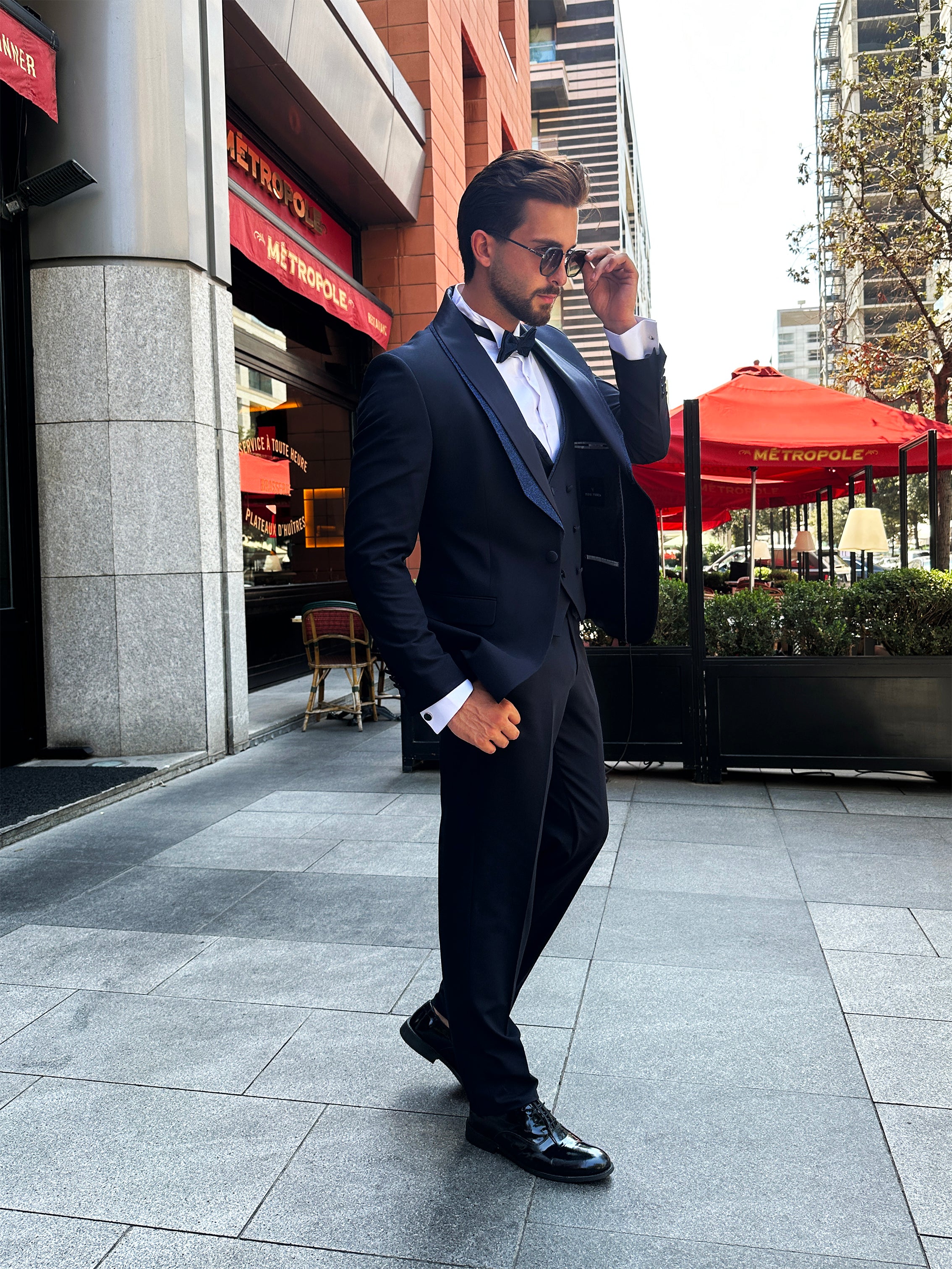 Navy Tuxedo with Glittered Shawl Collar – 4-Piece, 2-Layer Set