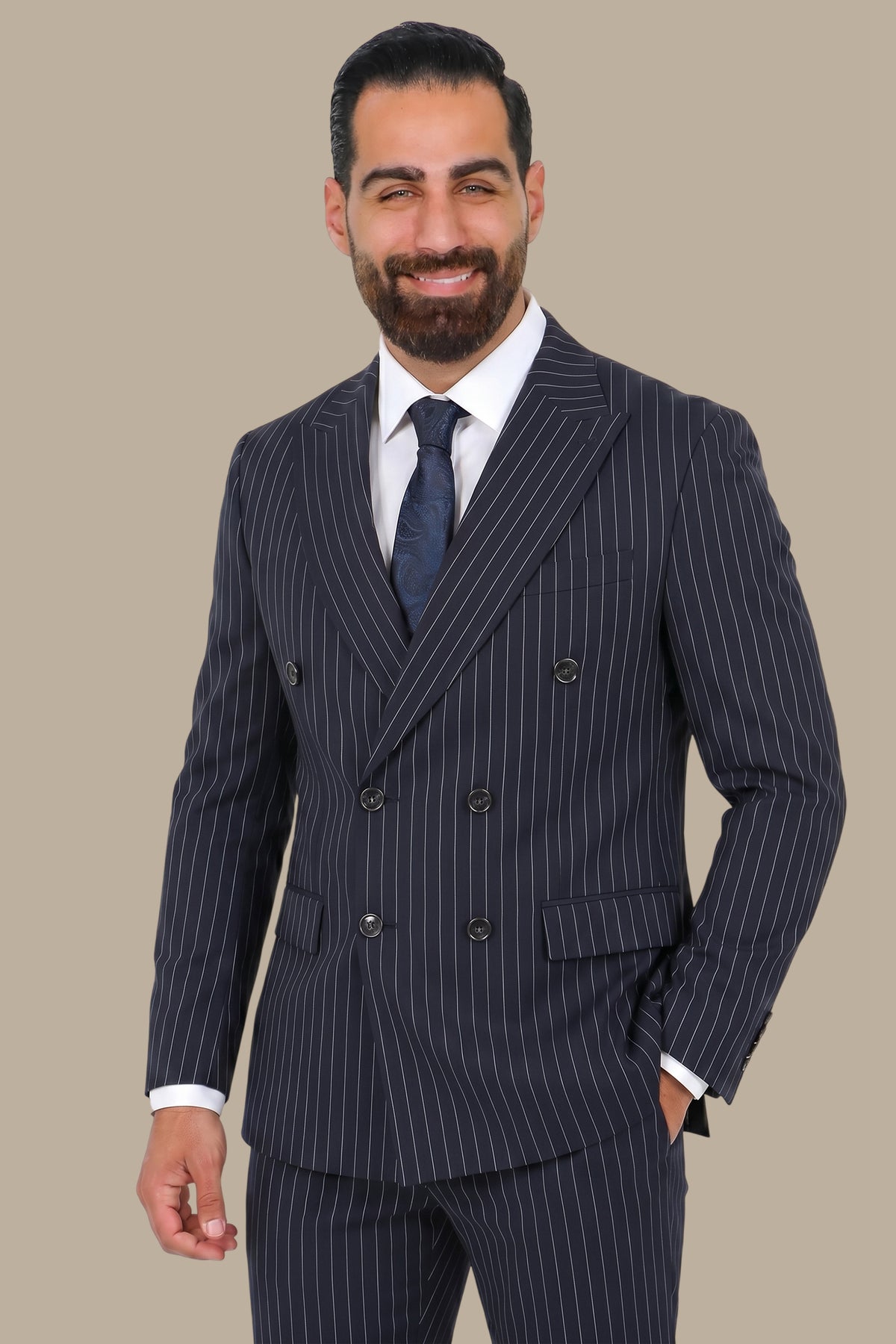 Navy Double-Breasted Pinstripe Lycra Suit