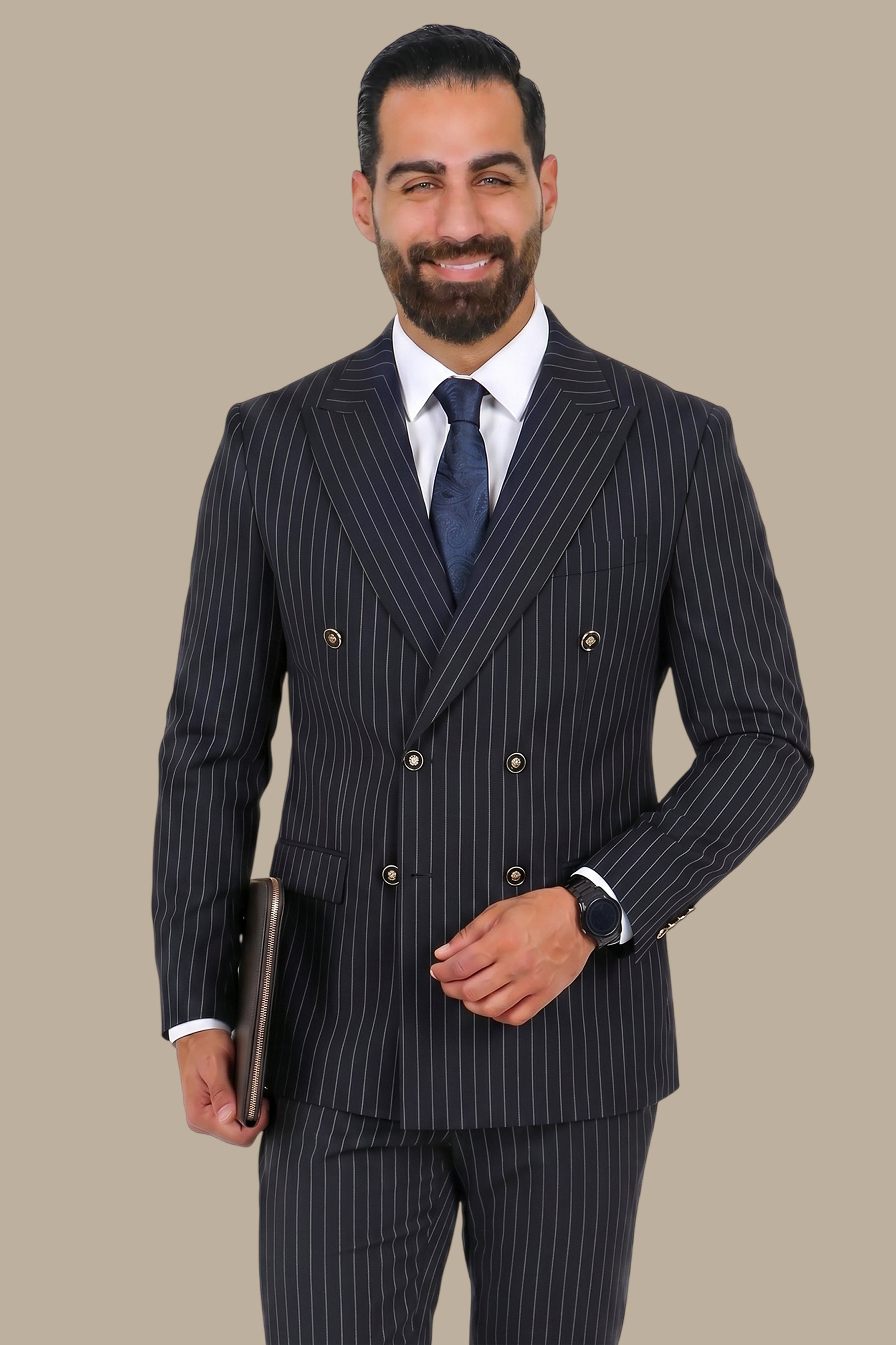 Navy Double-Breasted Pinstripe Lycra Suit