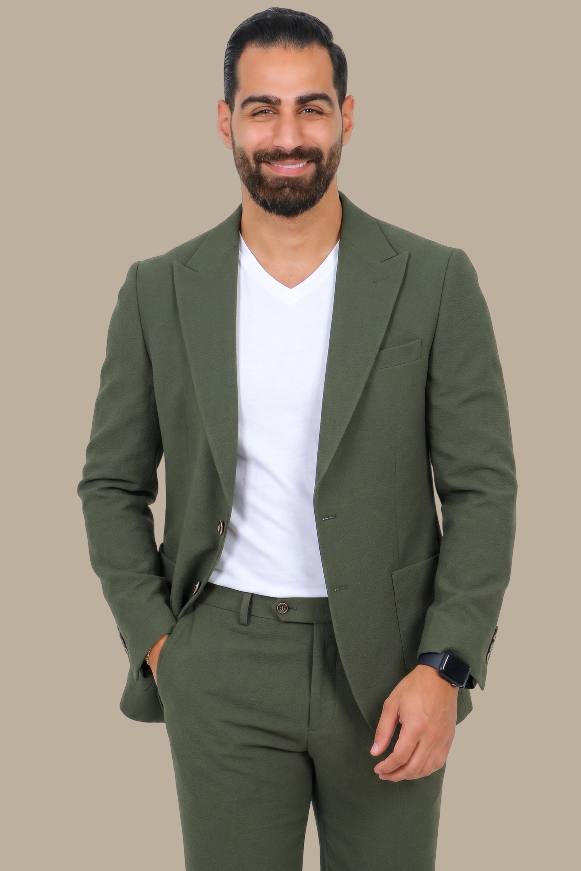 Olive Travel 2-Piece Suit with Peak Lapel & Patch Pocket