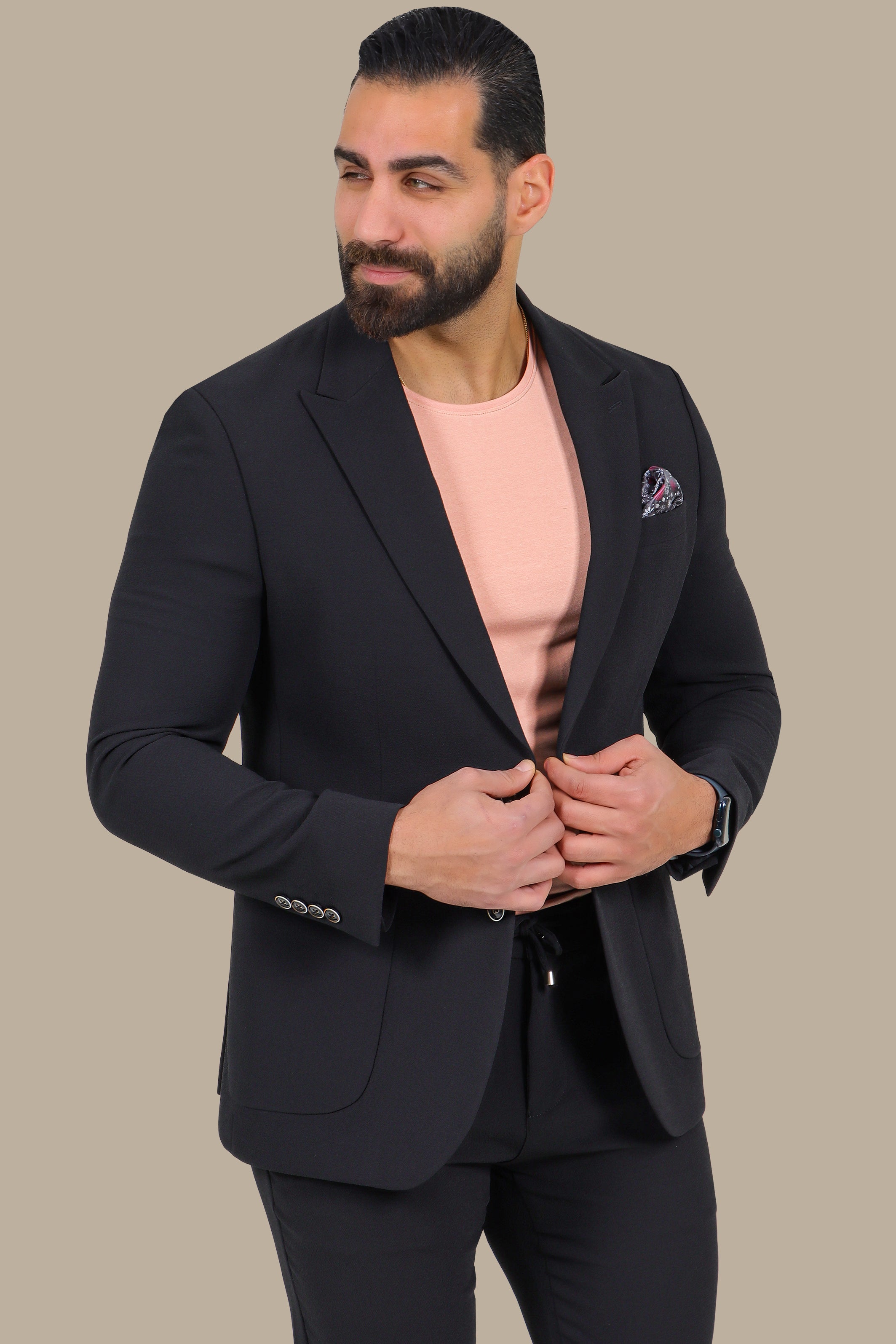 Black Travel Suit 2-Piece with Peak Lapel and Patch Pockets
