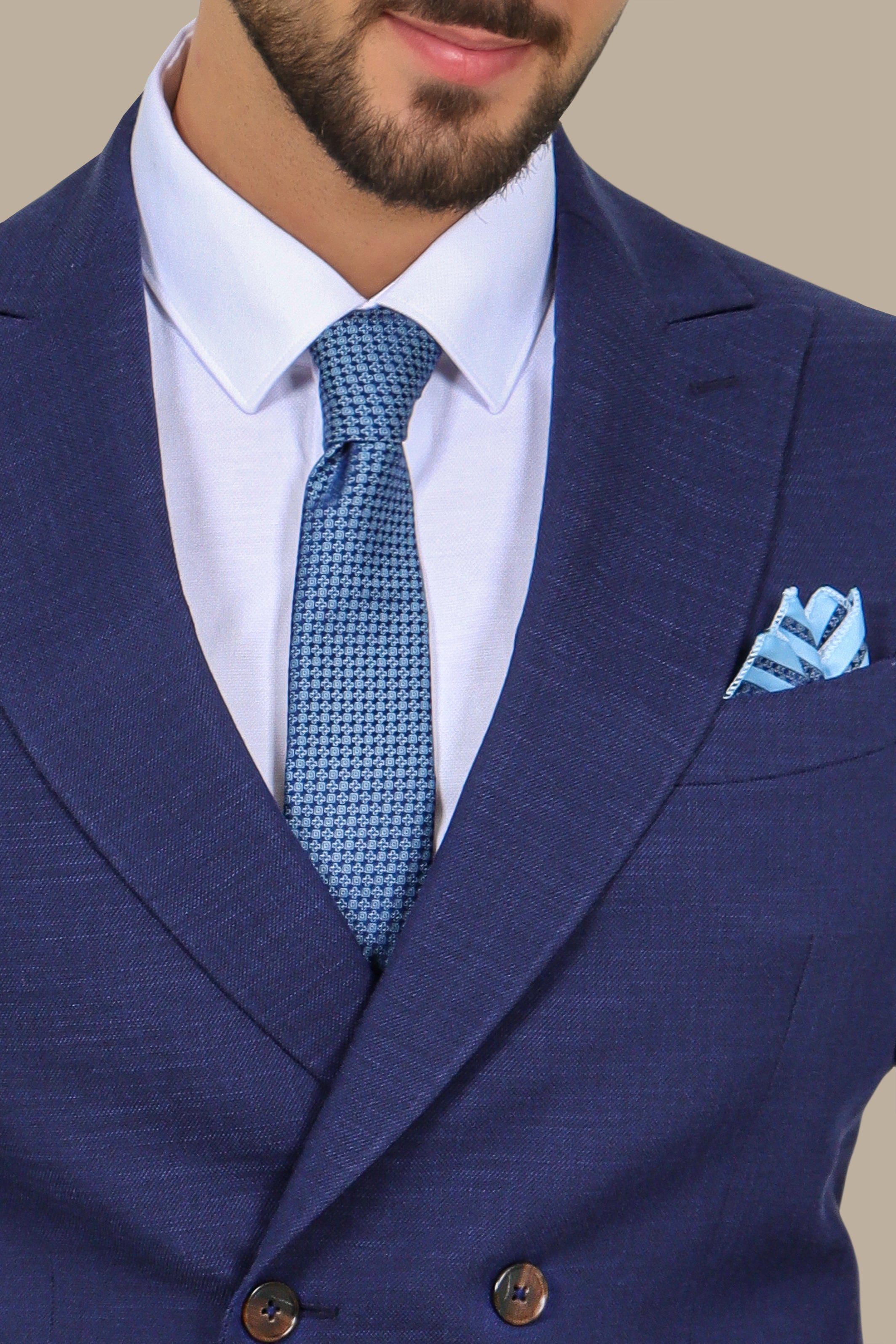 Navy Piquet Double-Breasted Suit with Peak Lapel