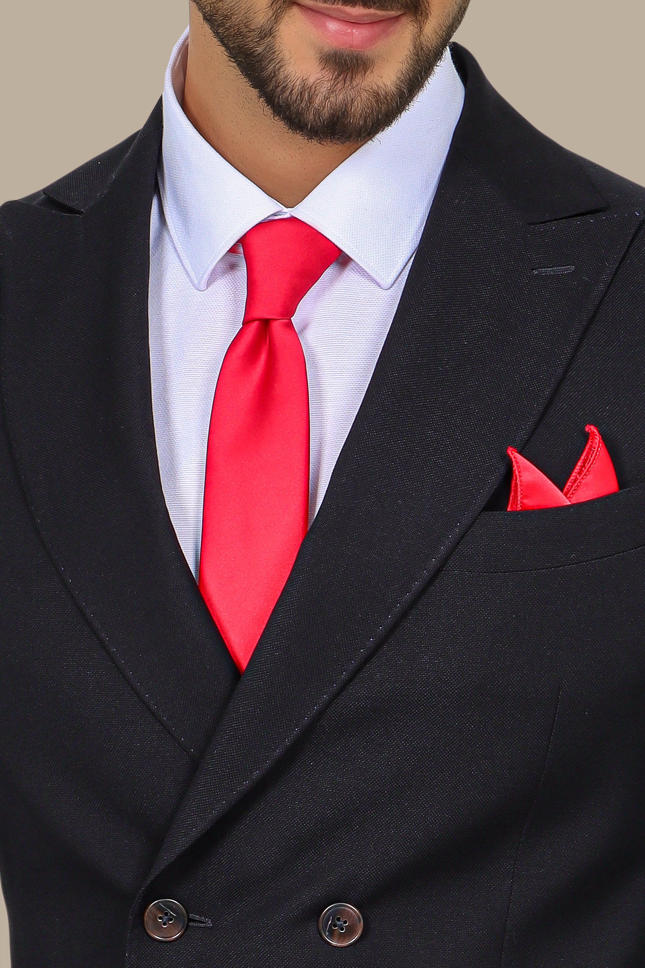 Black Piquet Double-Breasted Suit with Peak Lapel