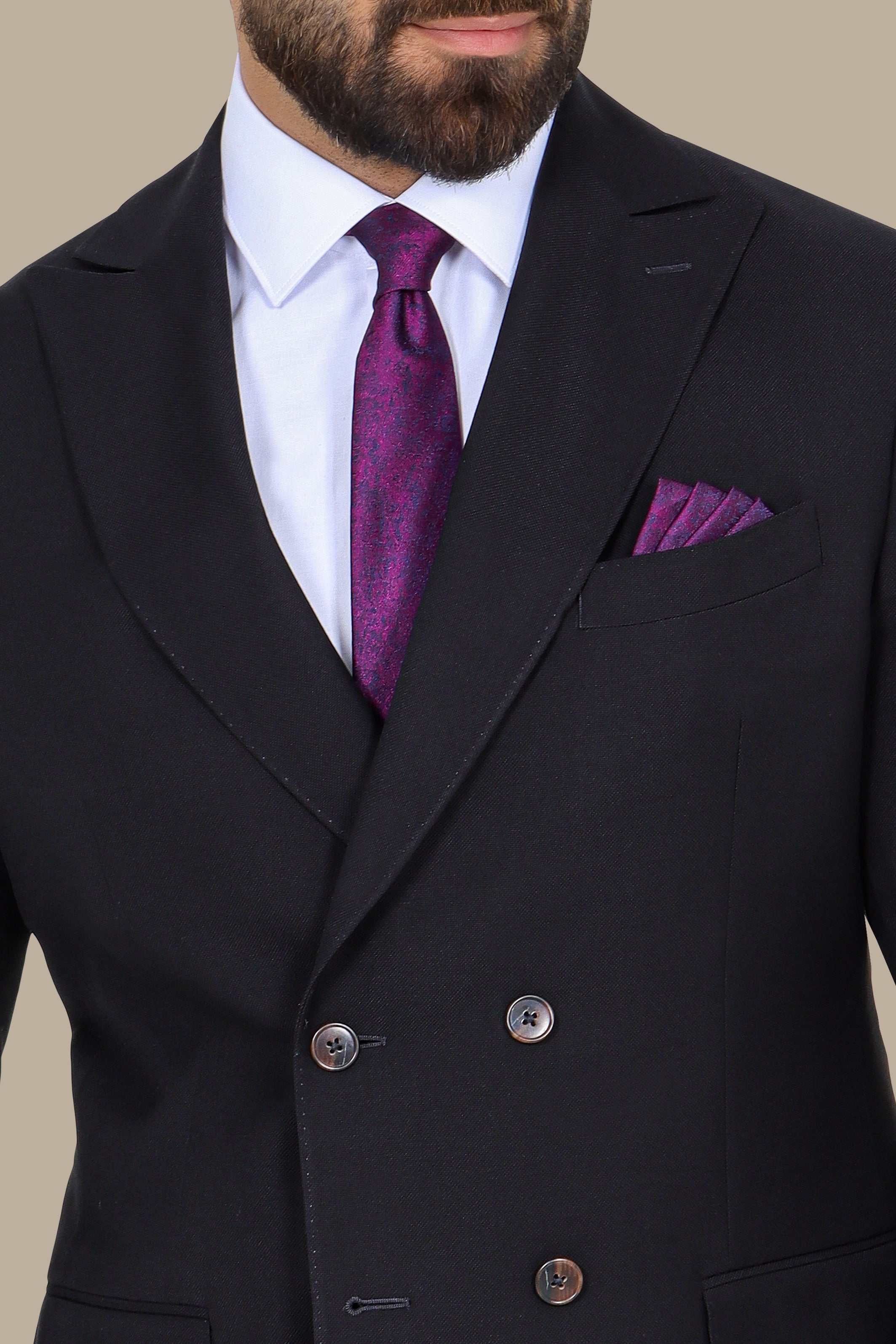 Black Piquet Double-Breasted Suit with Peak Lapel