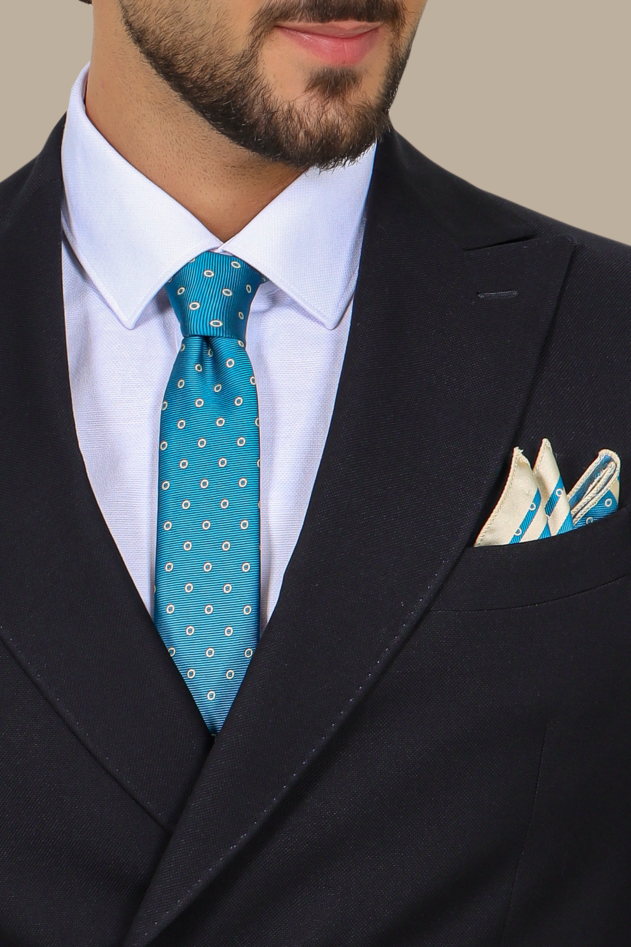 Black Piquet Double-Breasted Suit with Peak Lapel