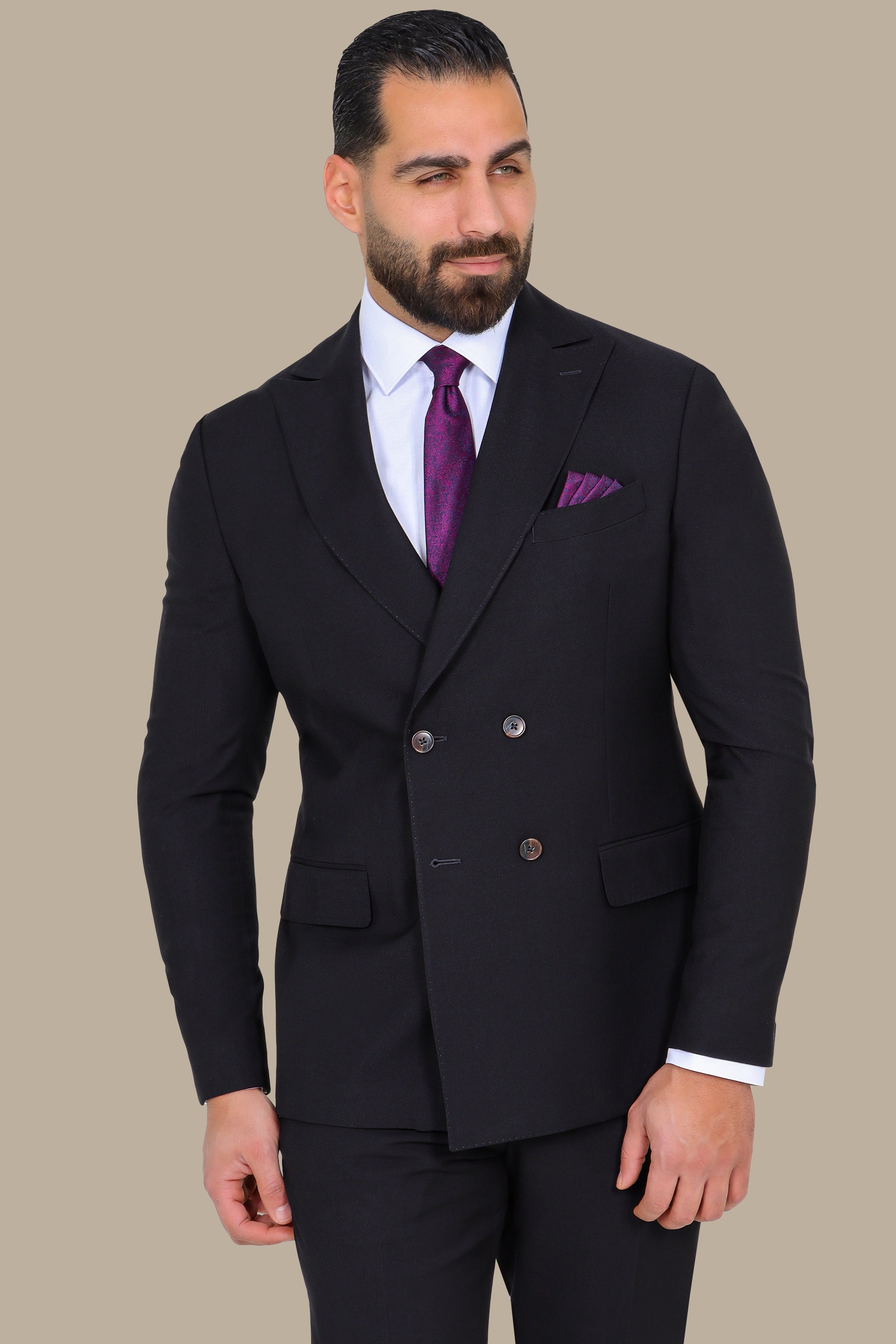 Black Piquet Double-Breasted Suit with Peak Lapel