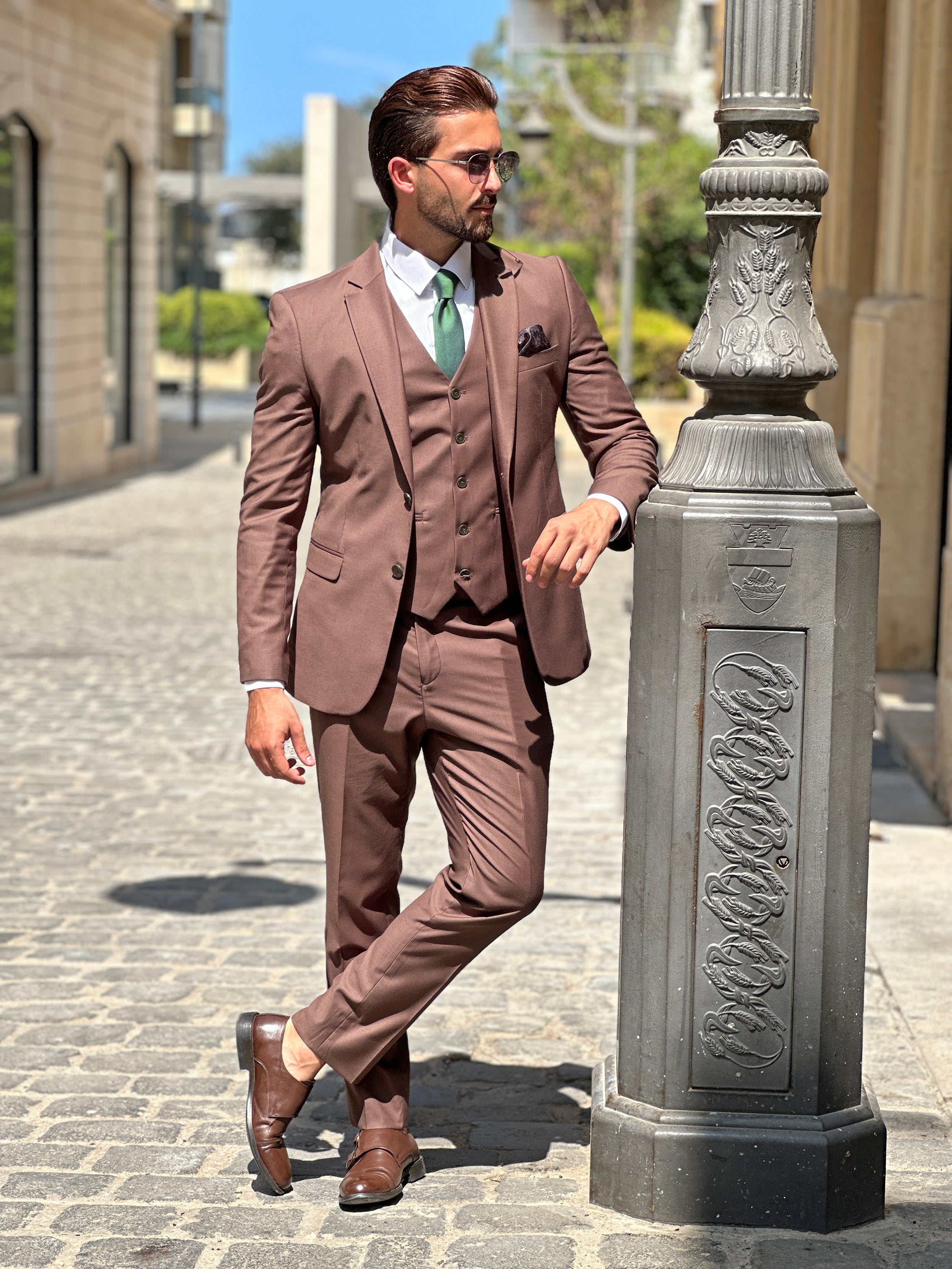 Brown Polyviscose 3-Piece Suit with Notch Lapel