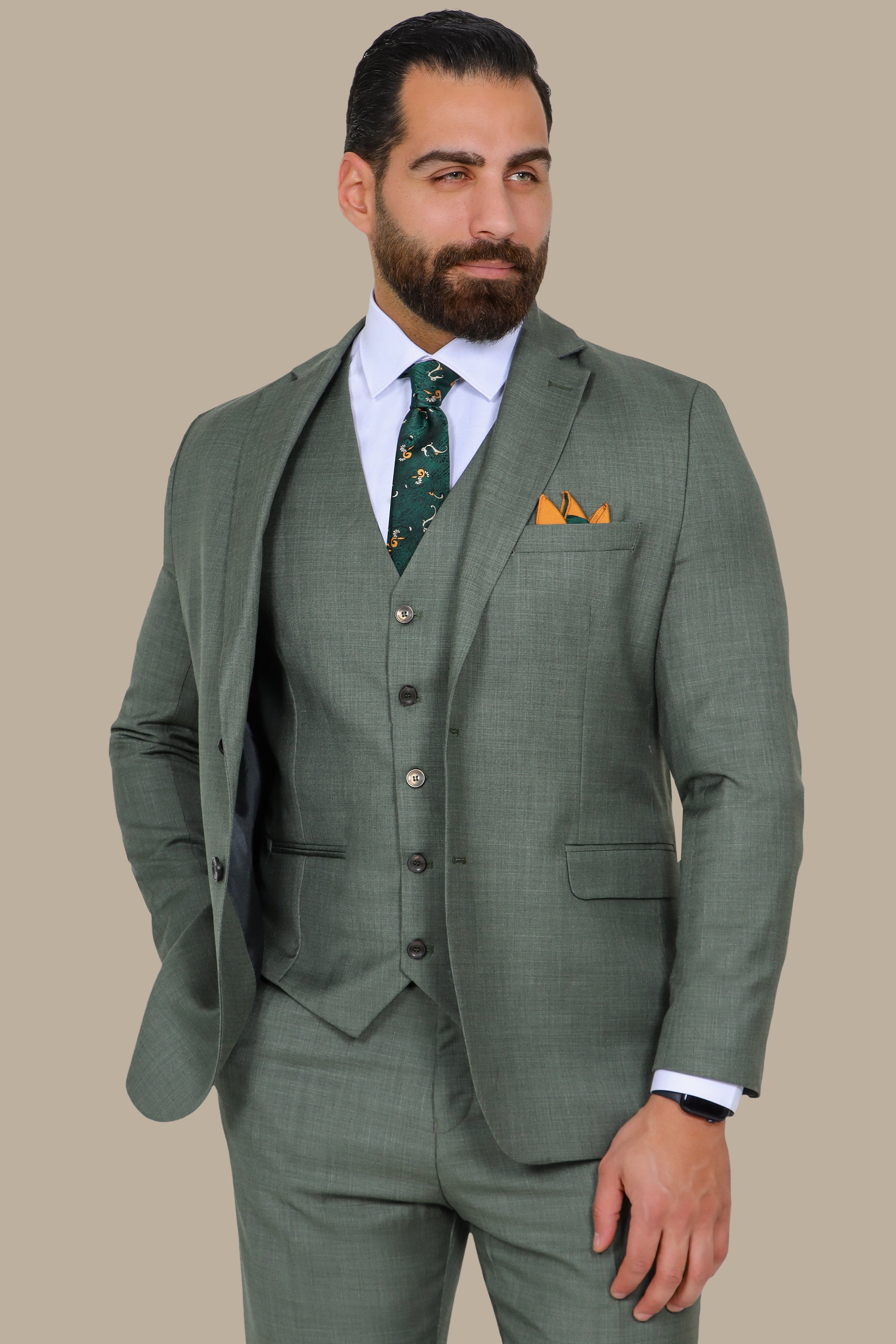 Olive Fil-à-Fil 3-Piece Suit with Notch Lapel