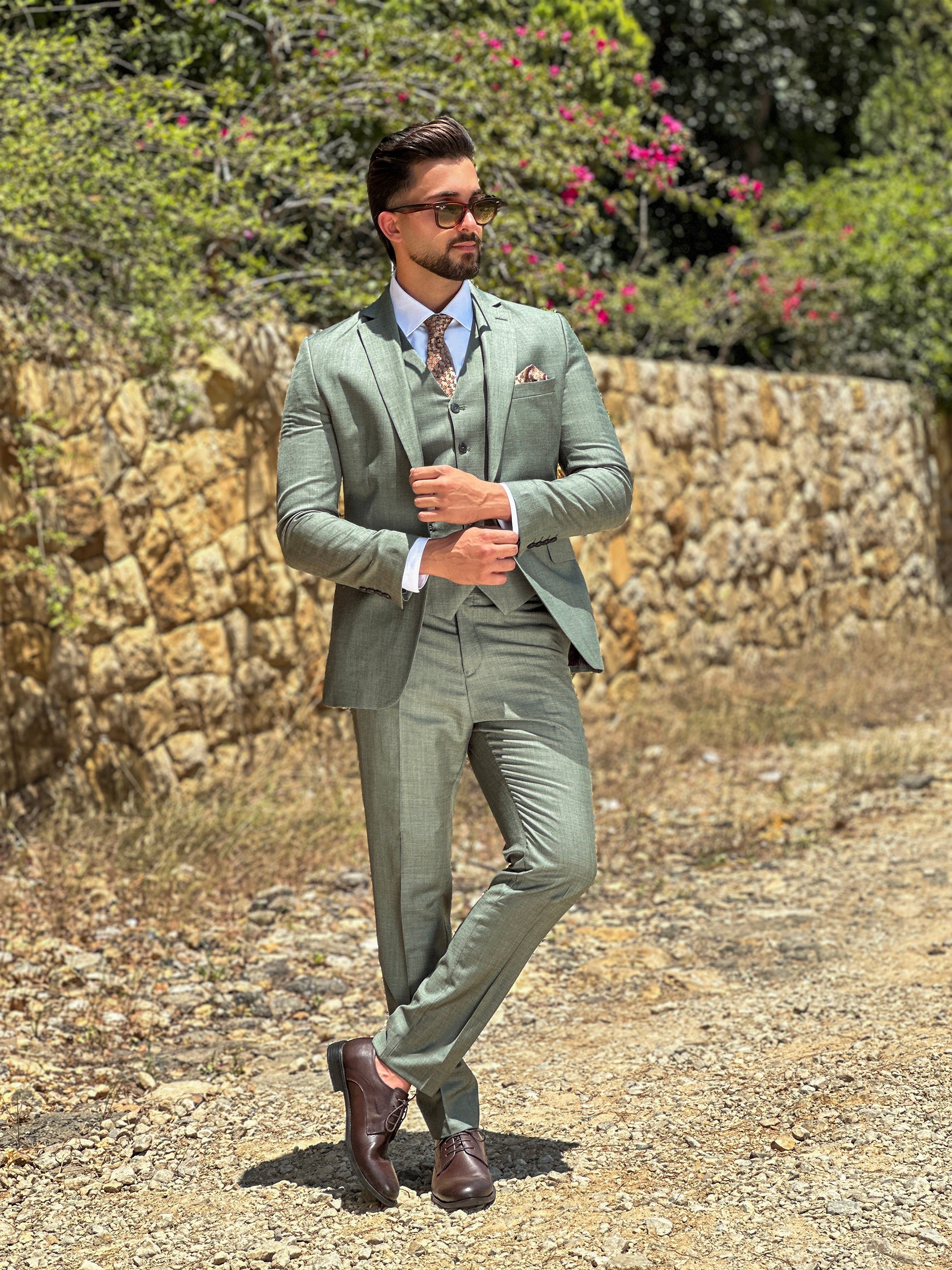 Olive Fil-à-Fil 3-Piece Suit with Notch Lapel
