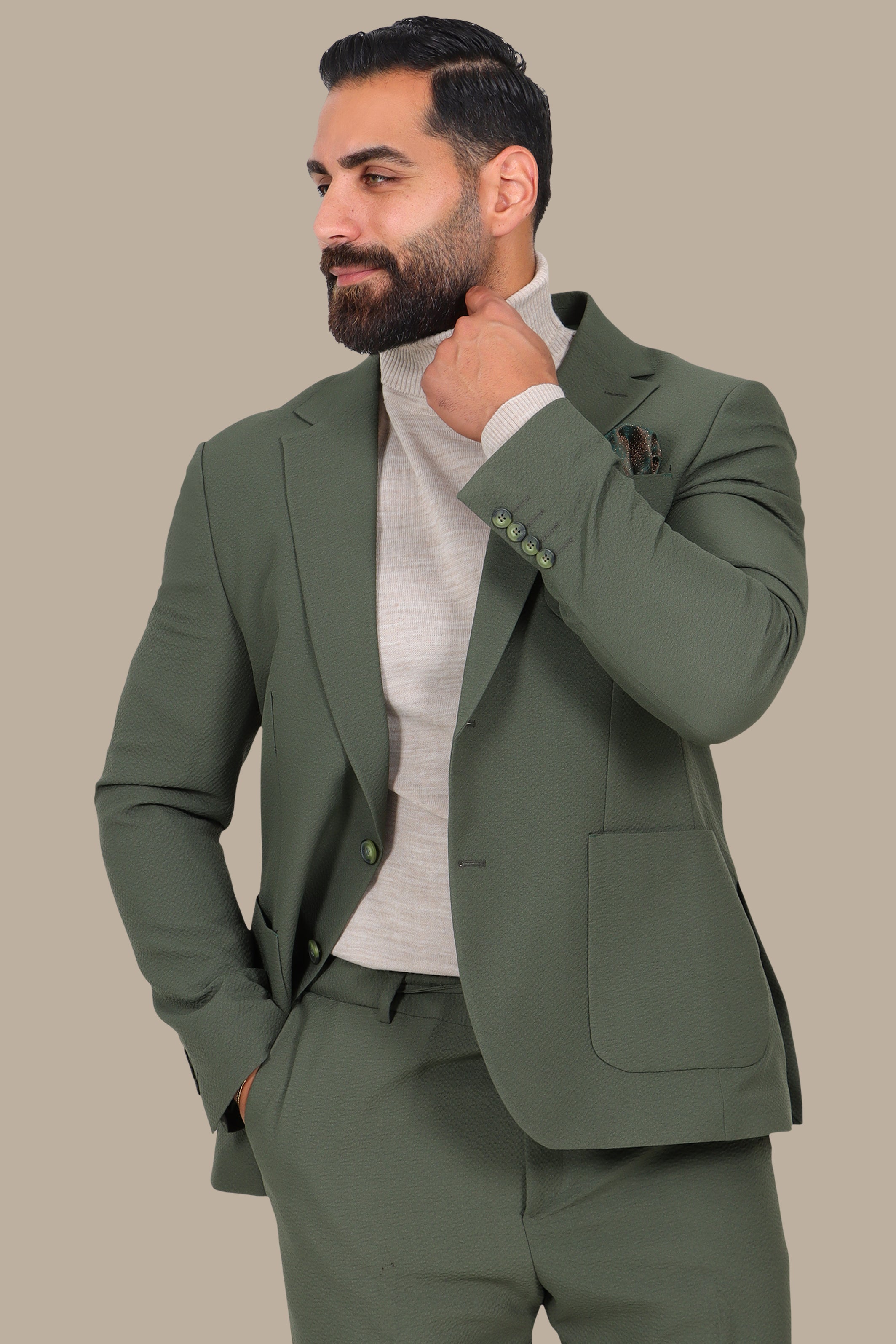 Olive Notch Lapel Travel Suit – 2-Piece