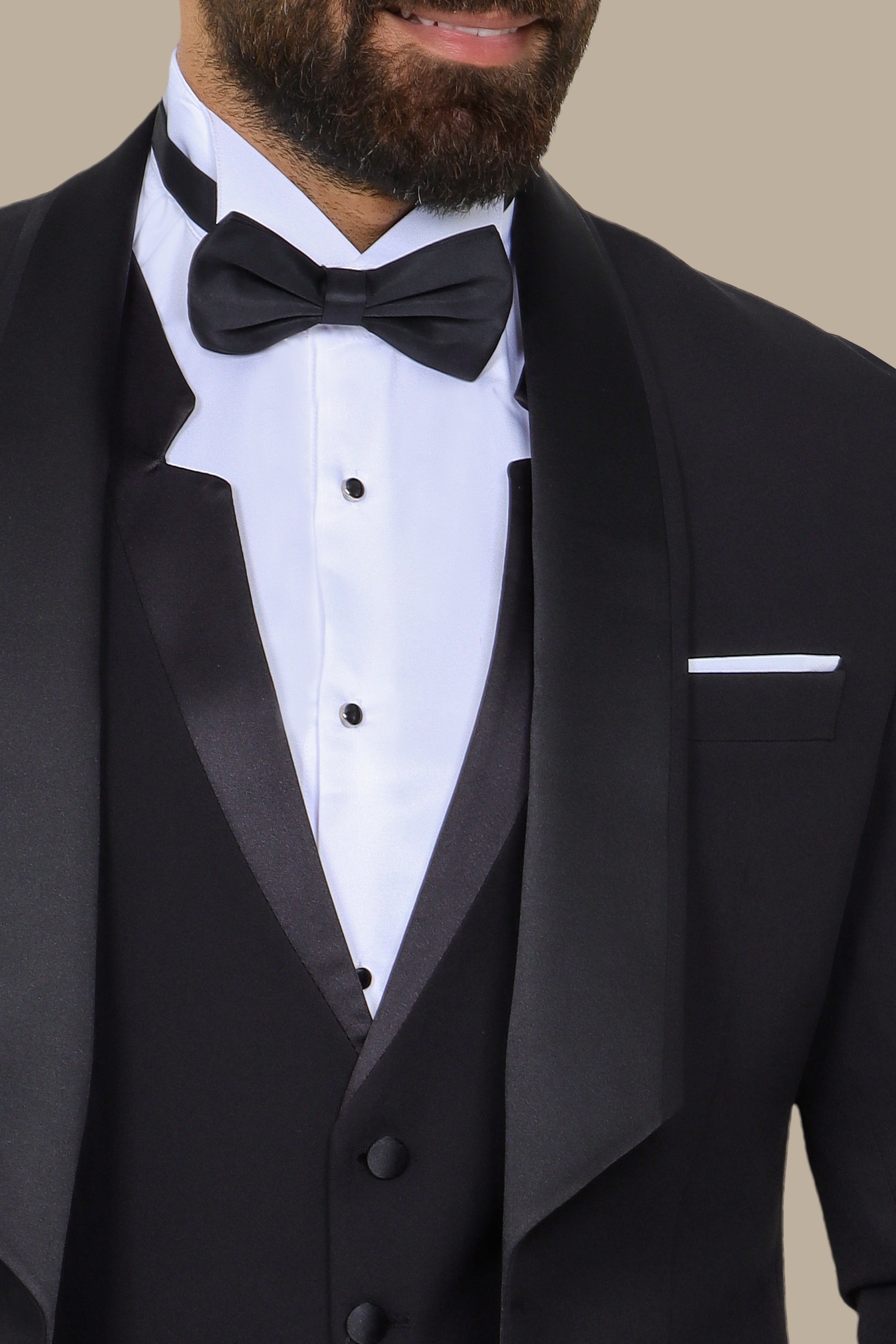Black 4-Piece Low-Cut Tuxedo with Side Brim Shawl Collar
