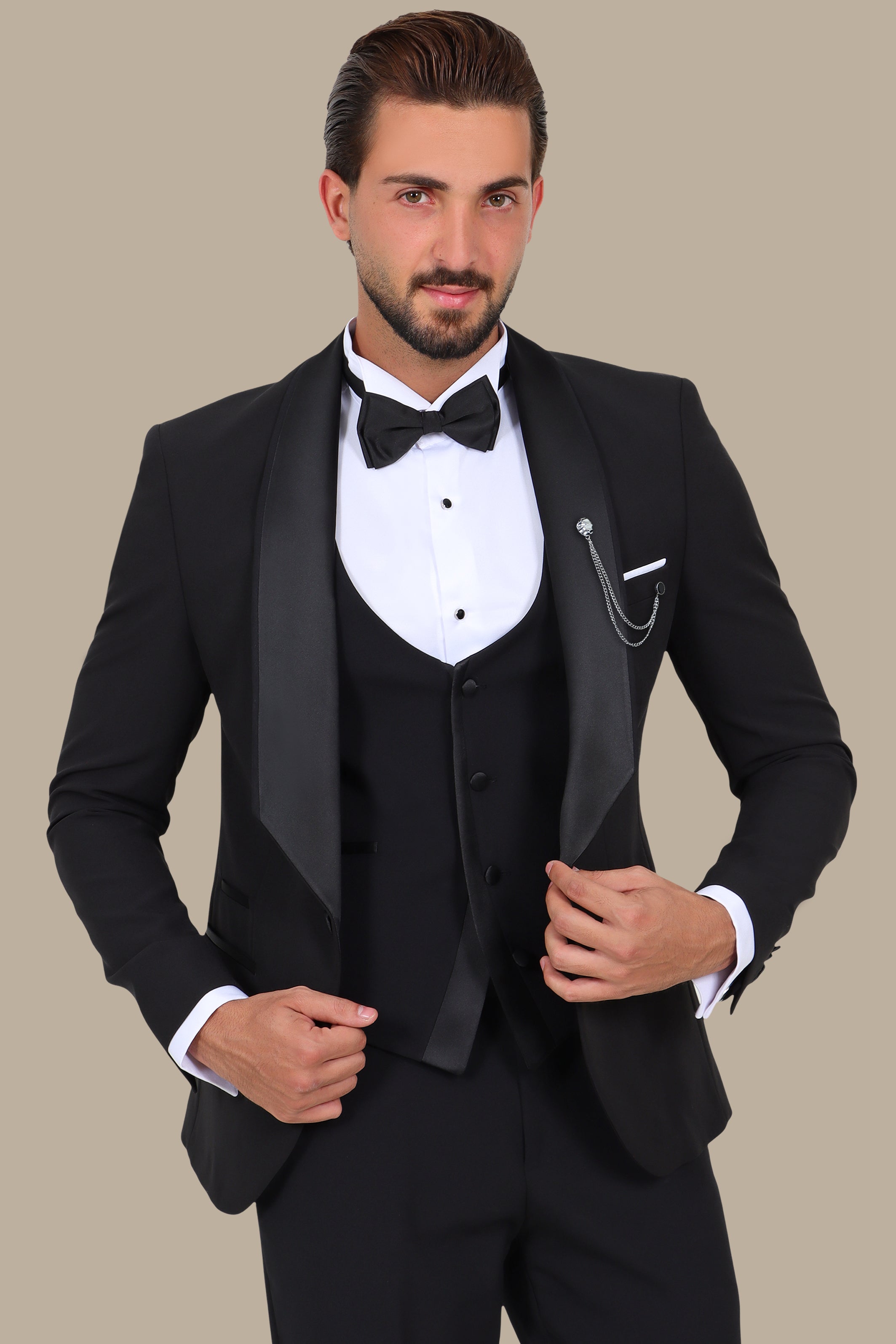 Black 4-Piece Low-Cut Tuxedo with Side Brim Shawl Collar