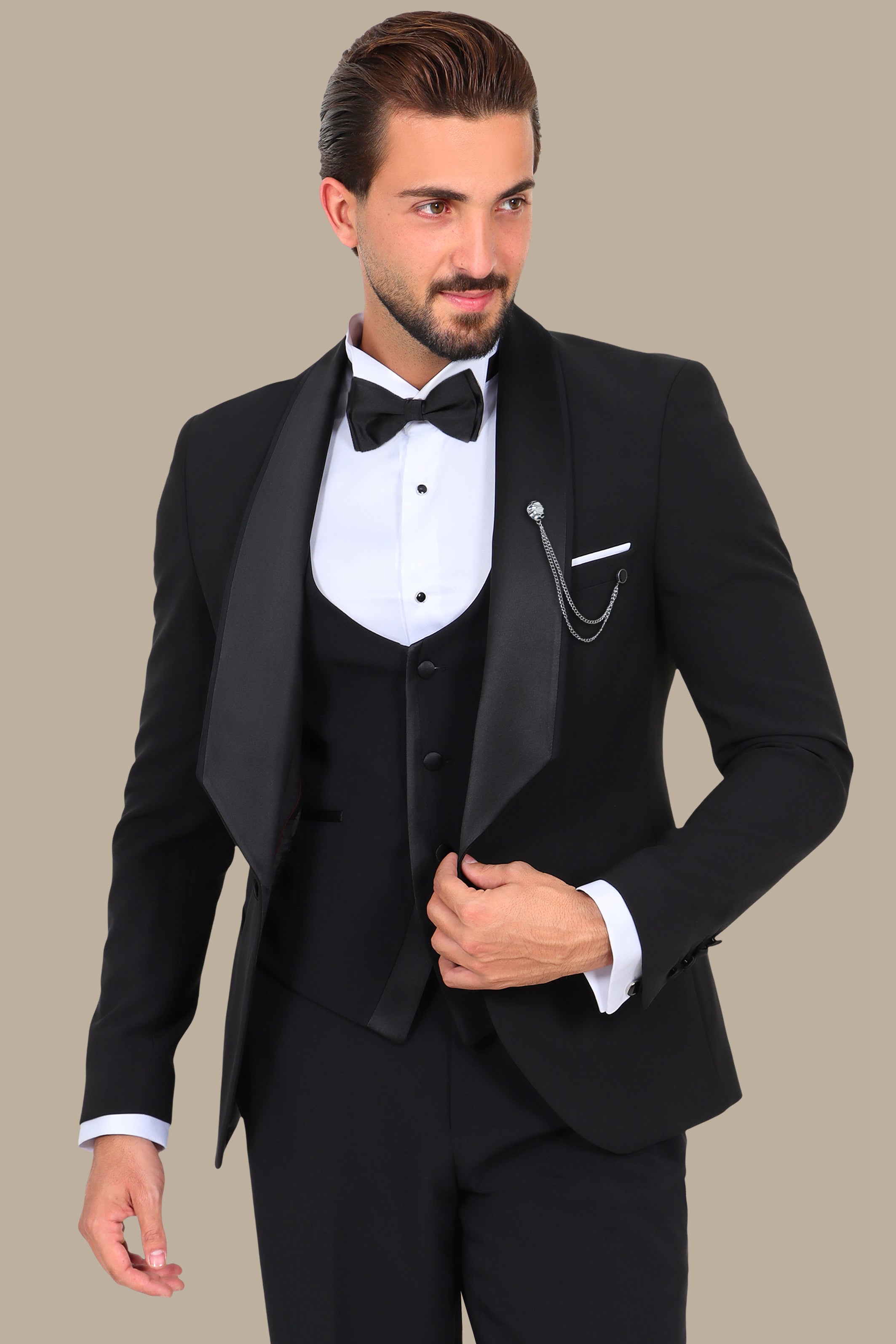 Black 4-Piece Low-Cut Tuxedo with Side Brim Shawl Collar