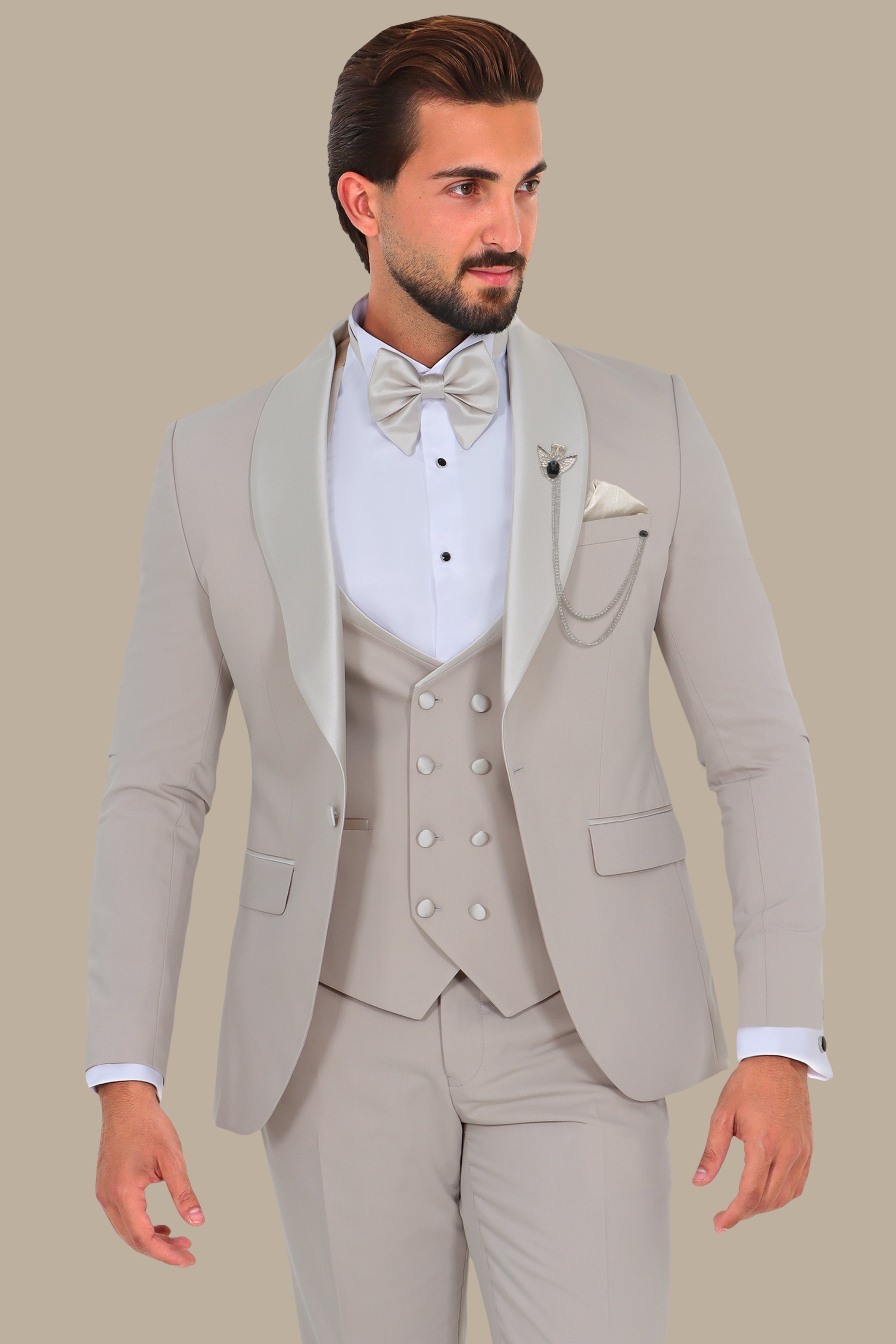 Light Beige 4-Piece Tuxedo with Shawl Collar and Classic Pocket