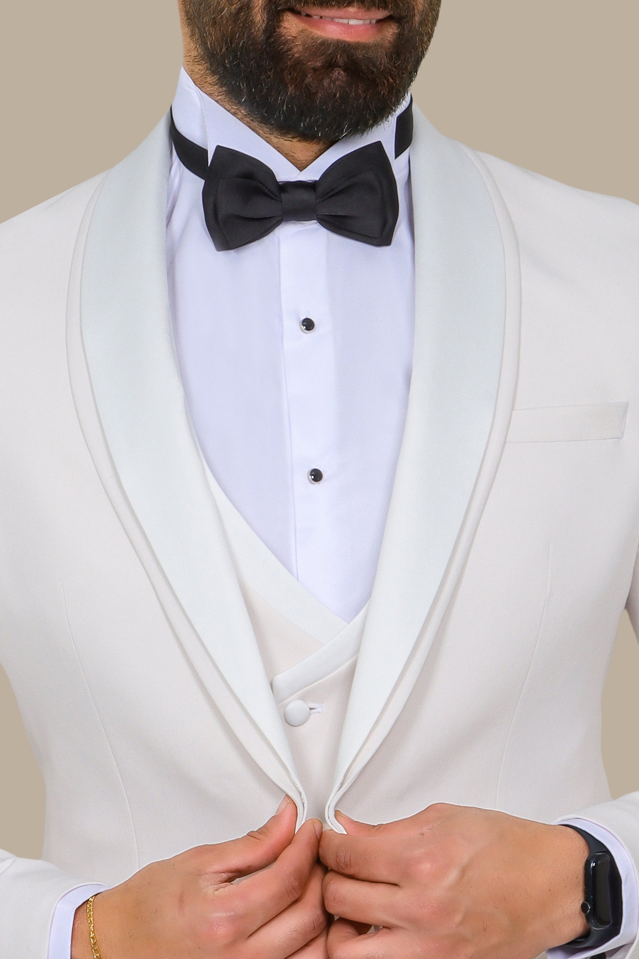 White 4-Piece Tuxedo with Double Shawl Collar and Black Pants