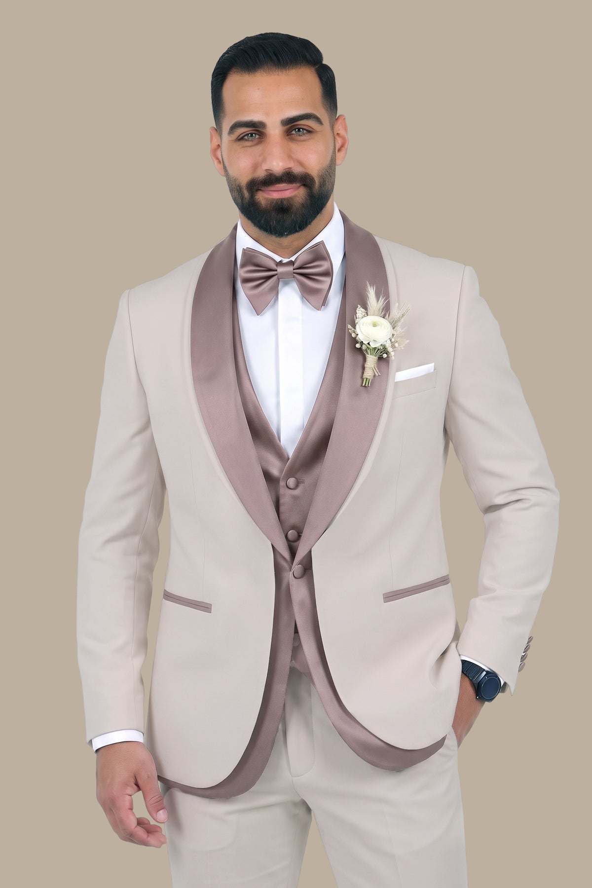4-Piece Tuxedo with Double Shawl Collar and Satin Trim