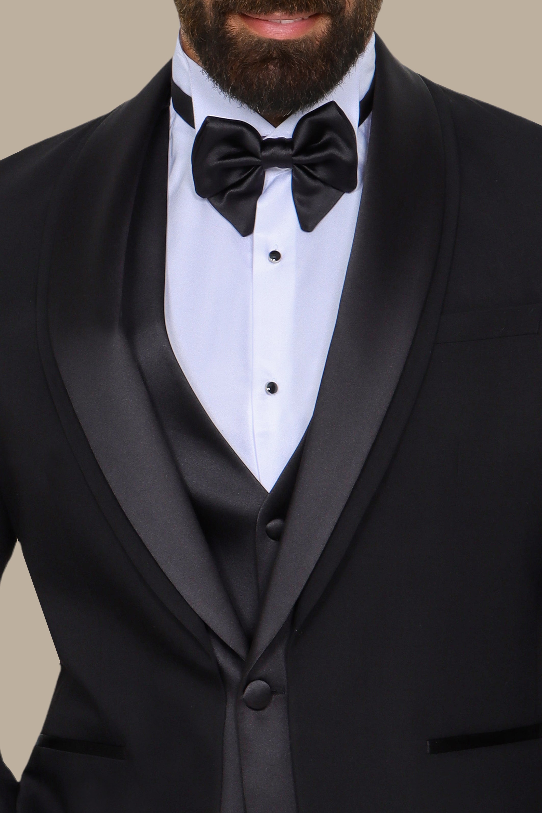Black 4-Piece Tuxedo with Double Shawl Collar and Satin Trim
