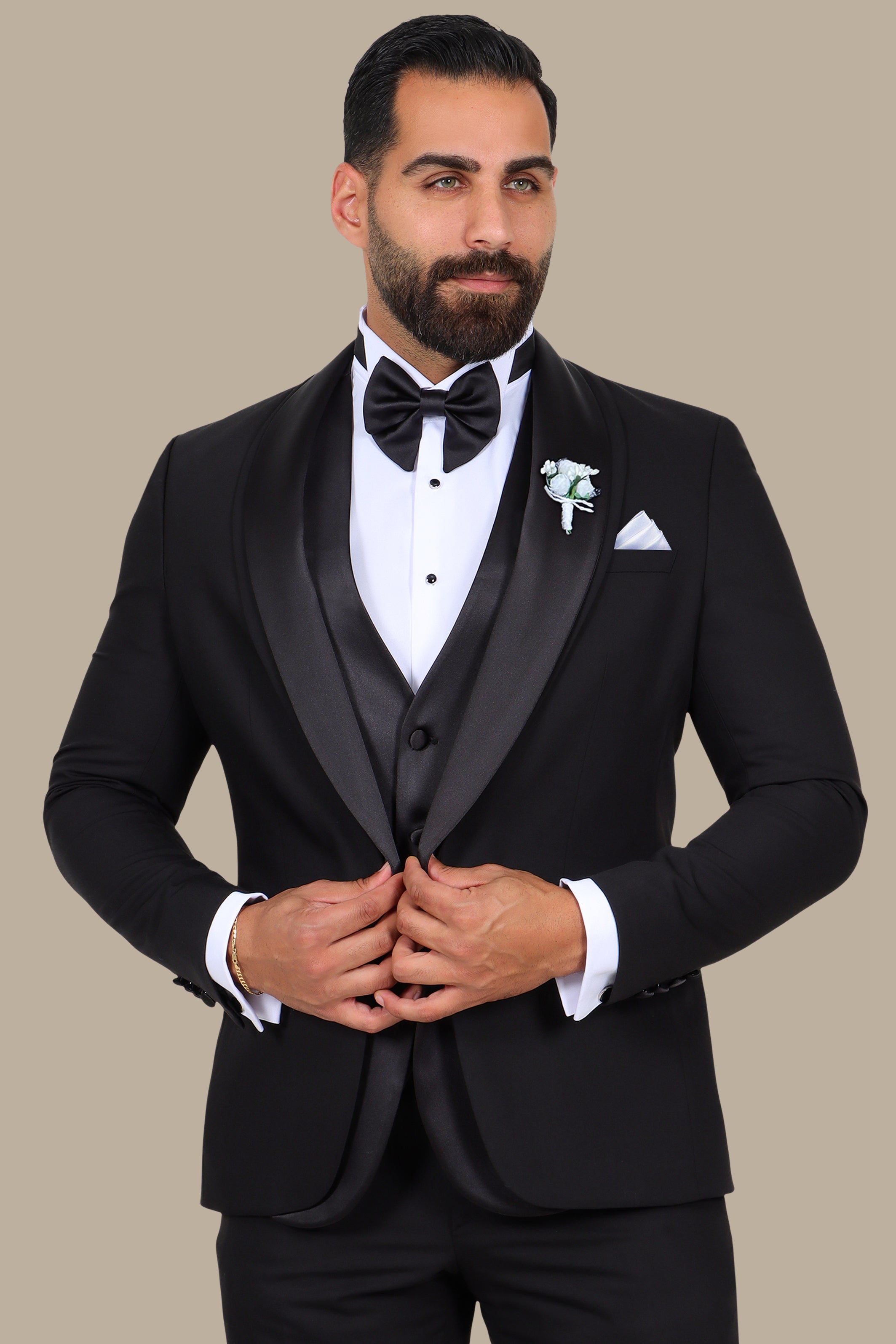 Black 4-Piece Tuxedo with Double Shawl Collar and Satin Trim