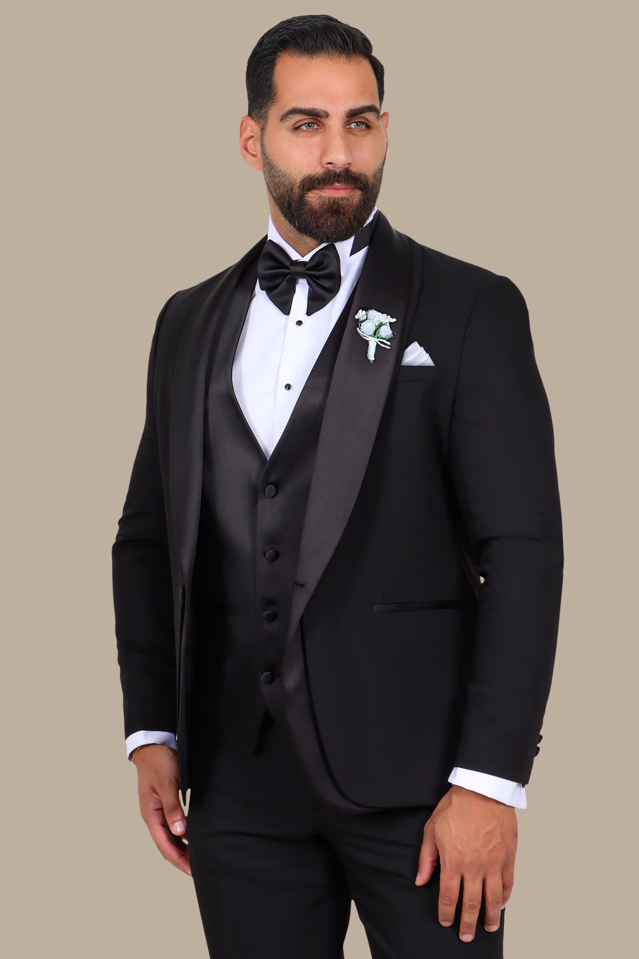 Black 4-Piece Tuxedo with Double Shawl Collar and Satin Trim